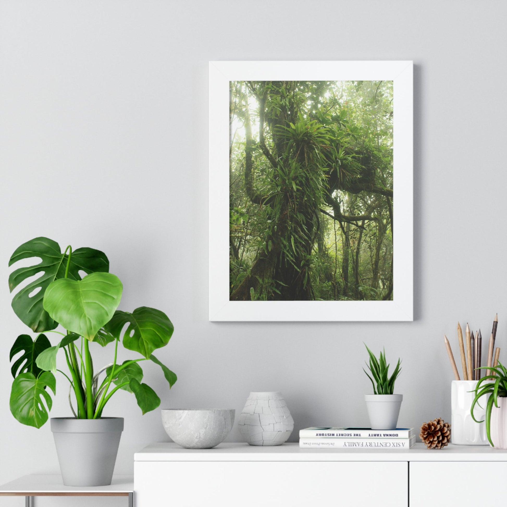 Rainforest Trails & Views - Gallery Canvas Wraps, Framed Vertical Poster - El Yunque National Forest - Puerto Rico - Near the end of Tradewinds Trail a Huge Tree with Bromeliads - Green Forest Home