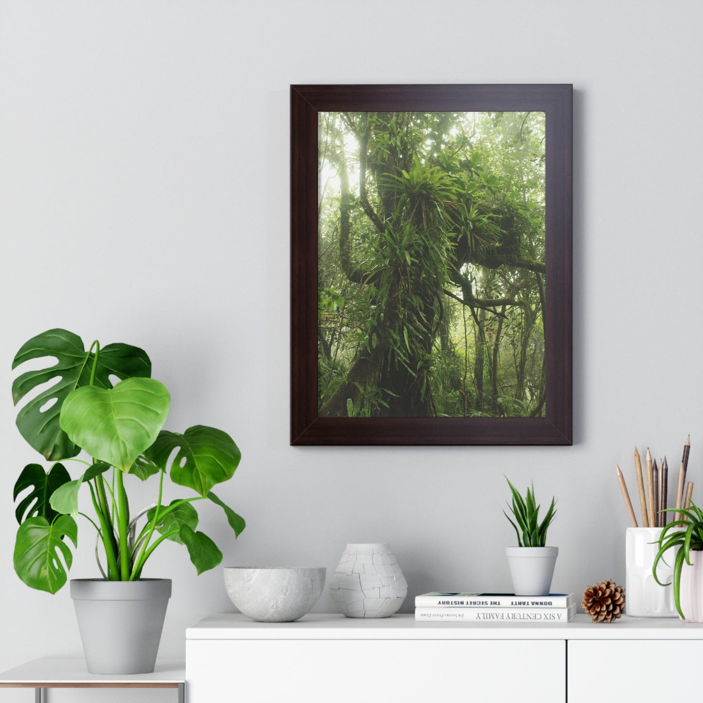 Rainforest Trails & Views - Gallery Canvas Wraps, Framed Vertical Poster - El Yunque National Forest - Puerto Rico - Near the end of Tradewinds Trail a Huge Tree with Bromeliads - Green Forest Home