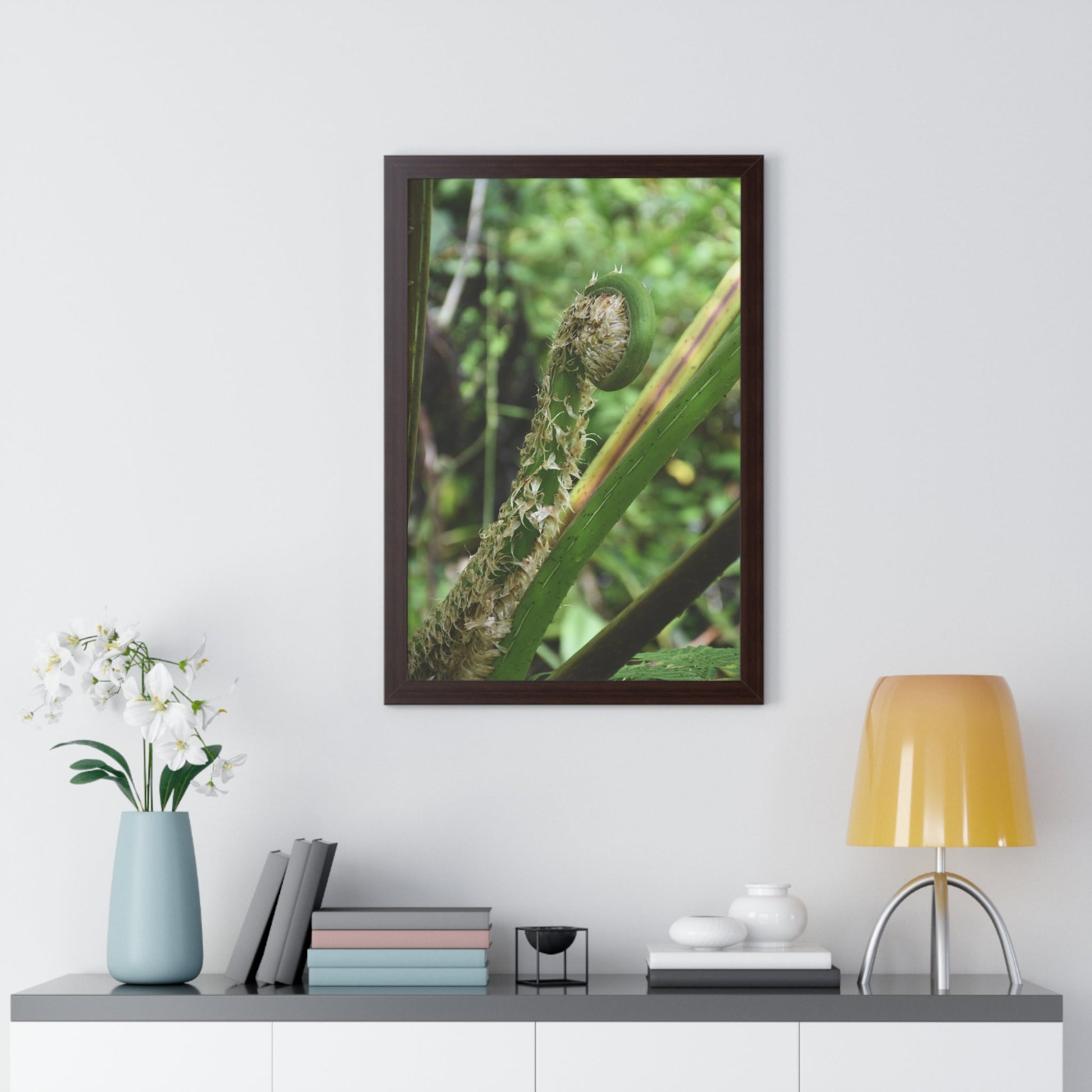 Rainforest Trails & Views - Gallery Canvas Wraps, Framed Vertical Poster - El Yunque National Forest - Puerto Rico - The leaf sprout of the Sierra Palm - Green Forest Home