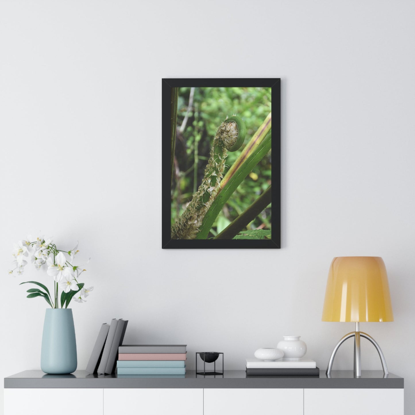 Rainforest Trails & Views - Gallery Canvas Wraps, Framed Vertical Poster - El Yunque National Forest - Puerto Rico - The leaf sprout of the Sierra Palm - Green Forest Home