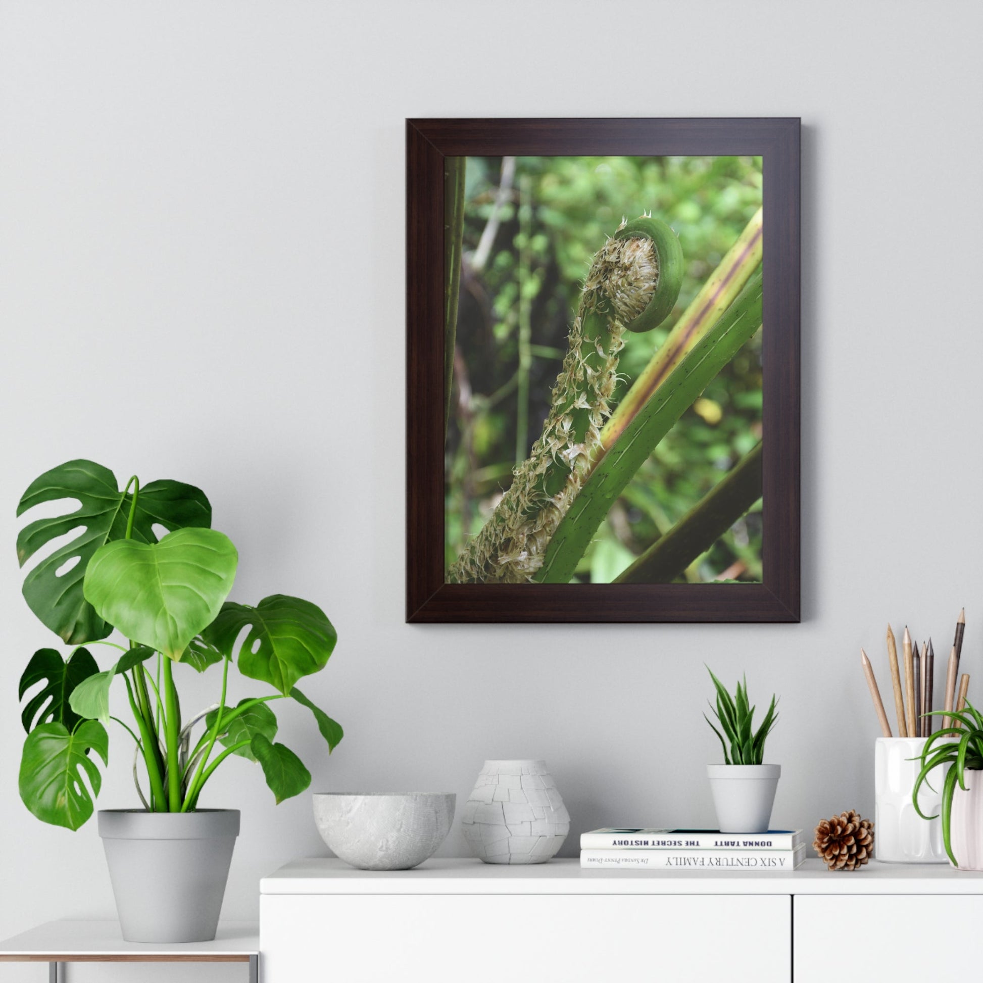 Rainforest Trails & Views - Gallery Canvas Wraps, Framed Vertical Poster - El Yunque National Forest - Puerto Rico - The leaf sprout of the Sierra Palm - Green Forest Home