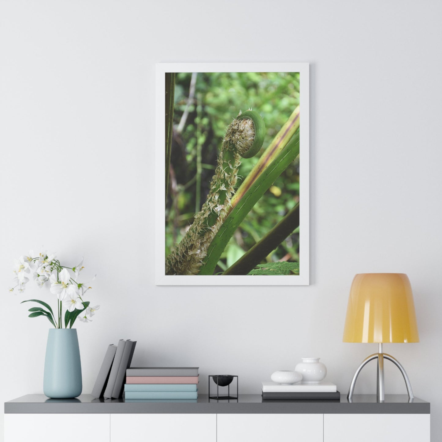 Rainforest Trails & Views - Gallery Canvas Wraps, Framed Vertical Poster - El Yunque National Forest - Puerto Rico - The leaf sprout of the Sierra Palm - Green Forest Home