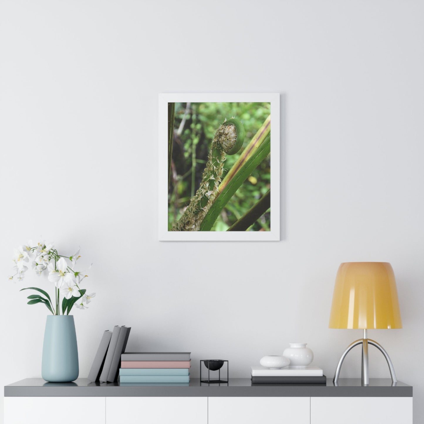 Rainforest Trails & Views - Gallery Canvas Wraps, Framed Vertical Poster - El Yunque National Forest - Puerto Rico - The leaf sprout of the Sierra Palm - Green Forest Home