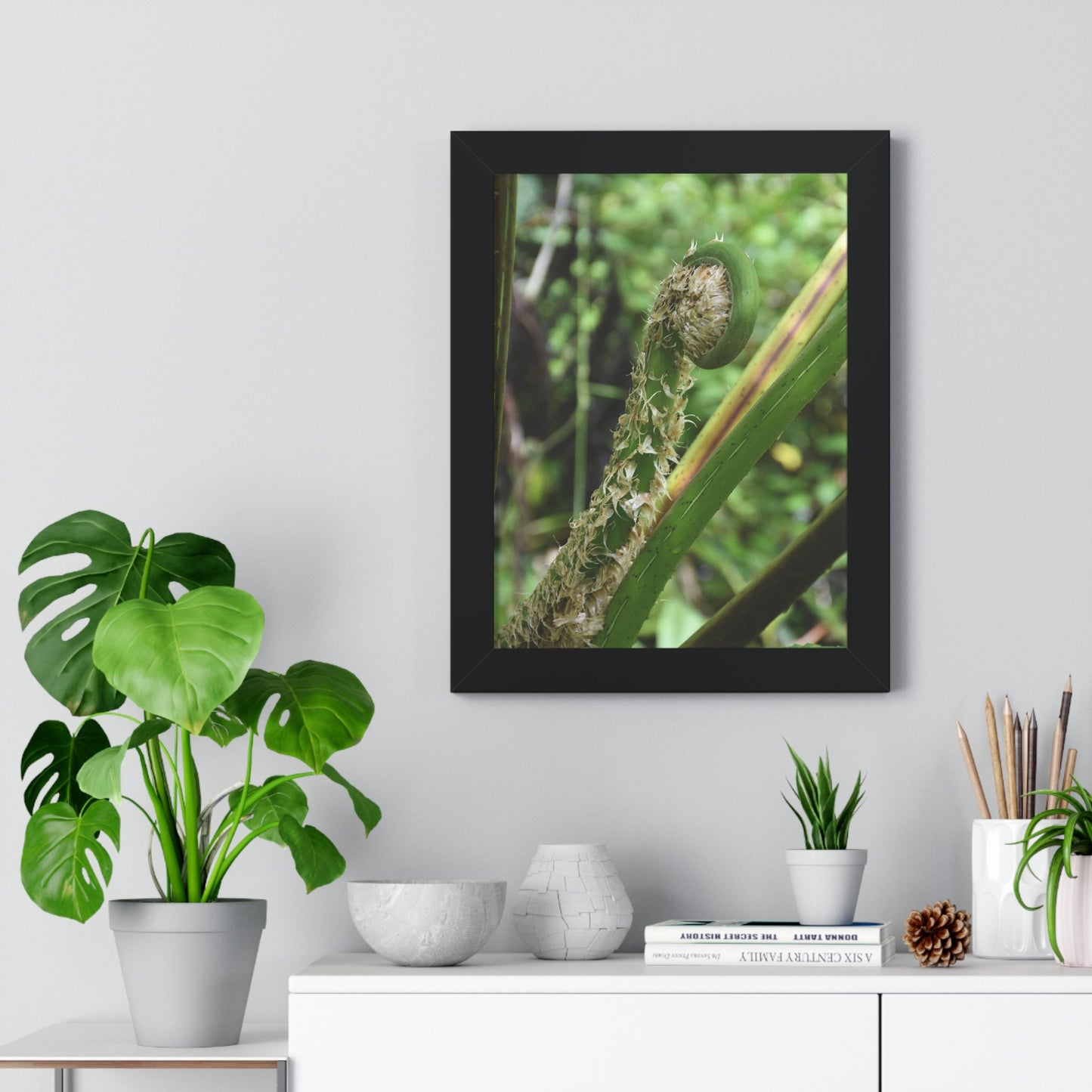 Rainforest Trails & Views - Gallery Canvas Wraps, Framed Vertical Poster - El Yunque National Forest - Puerto Rico - The leaf sprout of the Sierra Palm - Green Forest Home