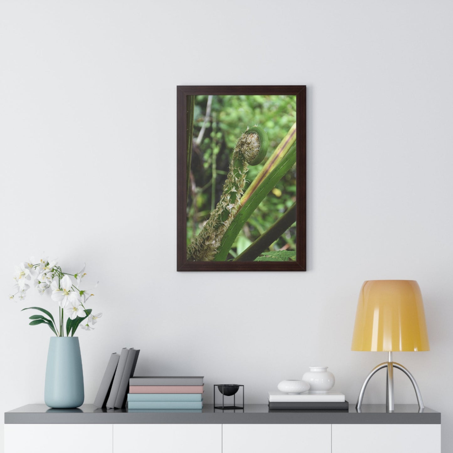 Rainforest Trails & Views - Gallery Canvas Wraps, Framed Vertical Poster - El Yunque National Forest - Puerto Rico - The leaf sprout of the Sierra Palm - Green Forest Home