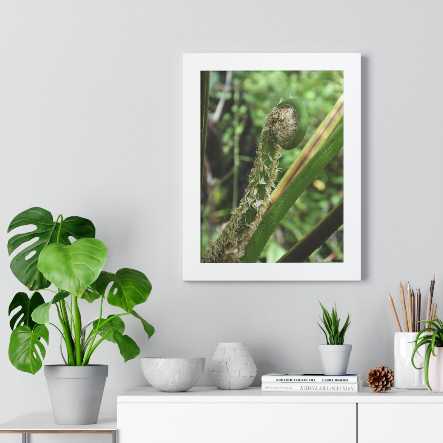 Rainforest Trails & Views - Gallery Canvas Wraps, Framed Vertical Poster - El Yunque National Forest - Puerto Rico - The leaf sprout of the Sierra Palm - Green Forest Home