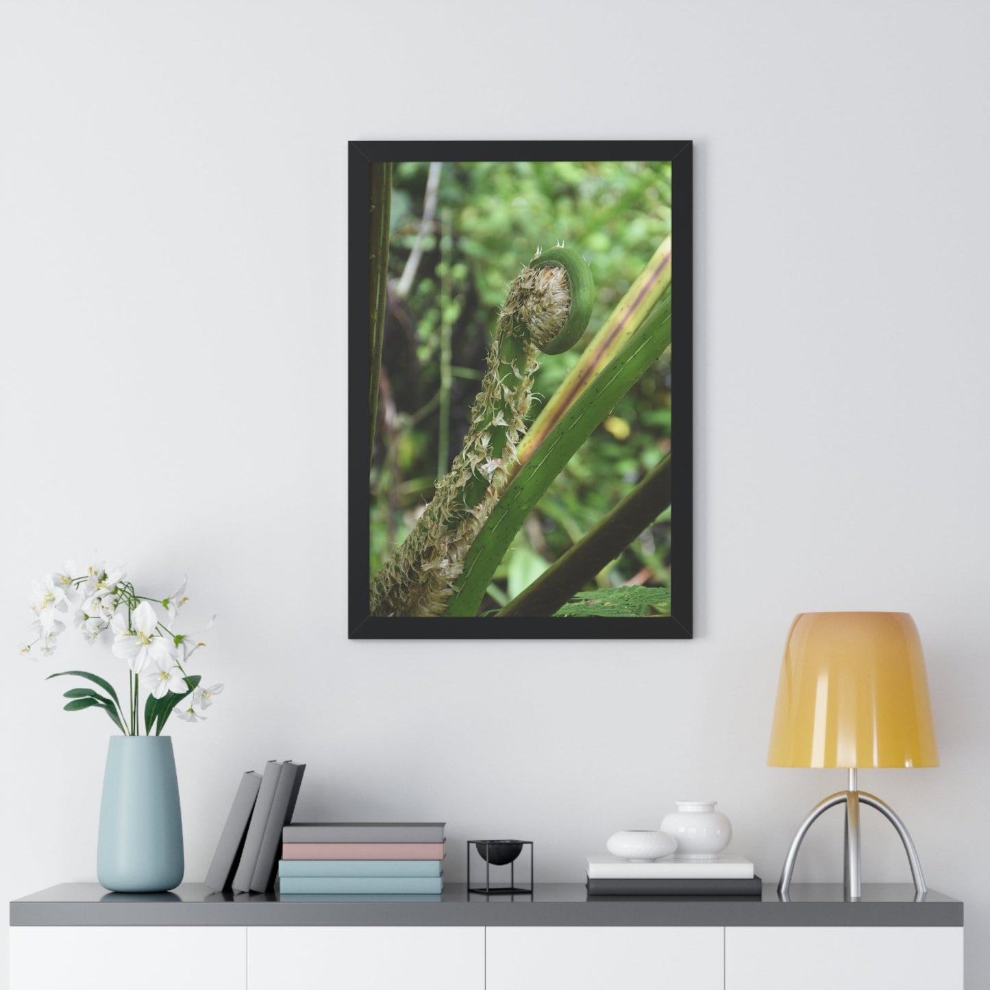 Rainforest Trails & Views - Gallery Canvas Wraps, Framed Vertical Poster - El Yunque National Forest - Puerto Rico - The leaf sprout of the Sierra Palm - Green Forest Home