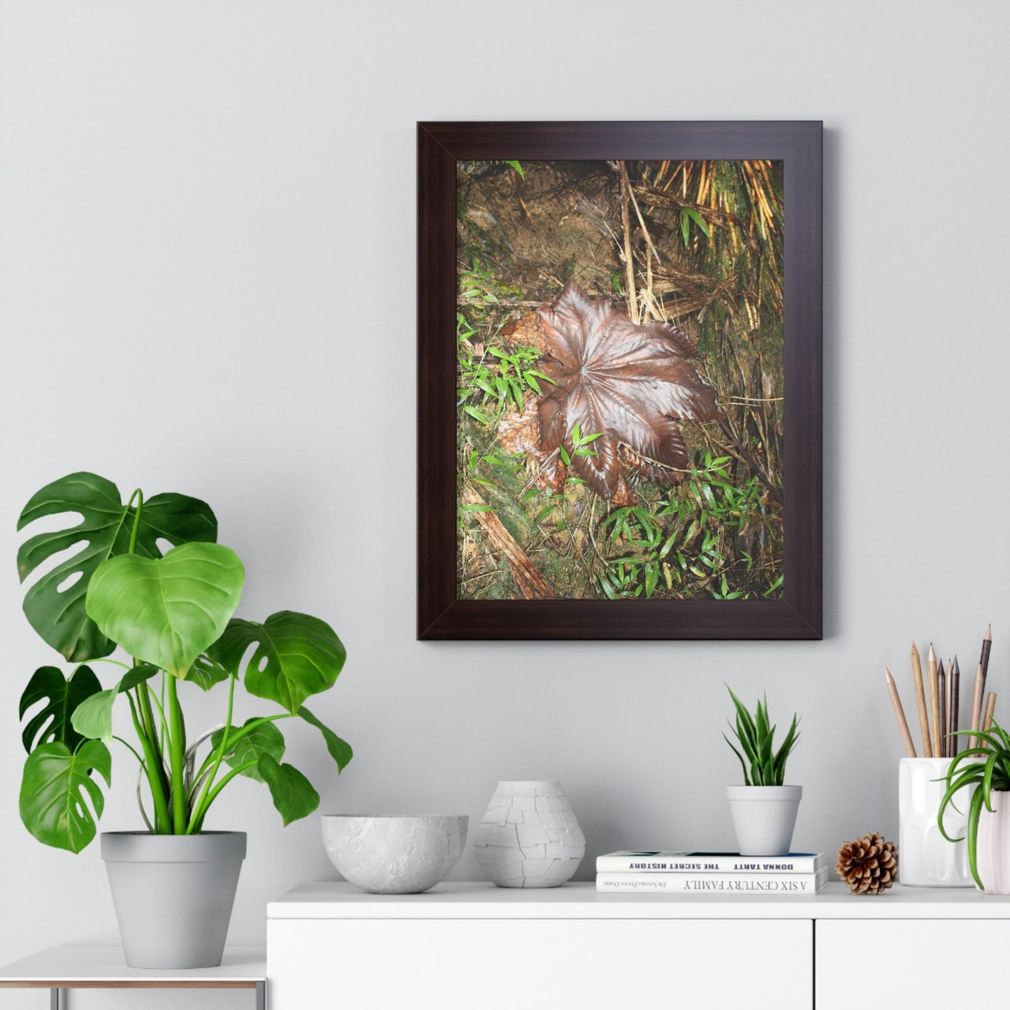 Rainforest Trails & Views - Gallery Canvas Wraps, Framed Vertical Poster - El Yunque National Forest - Puerto Rico - Tradewinds trail - Yagrumo leaf - Green Forest Home