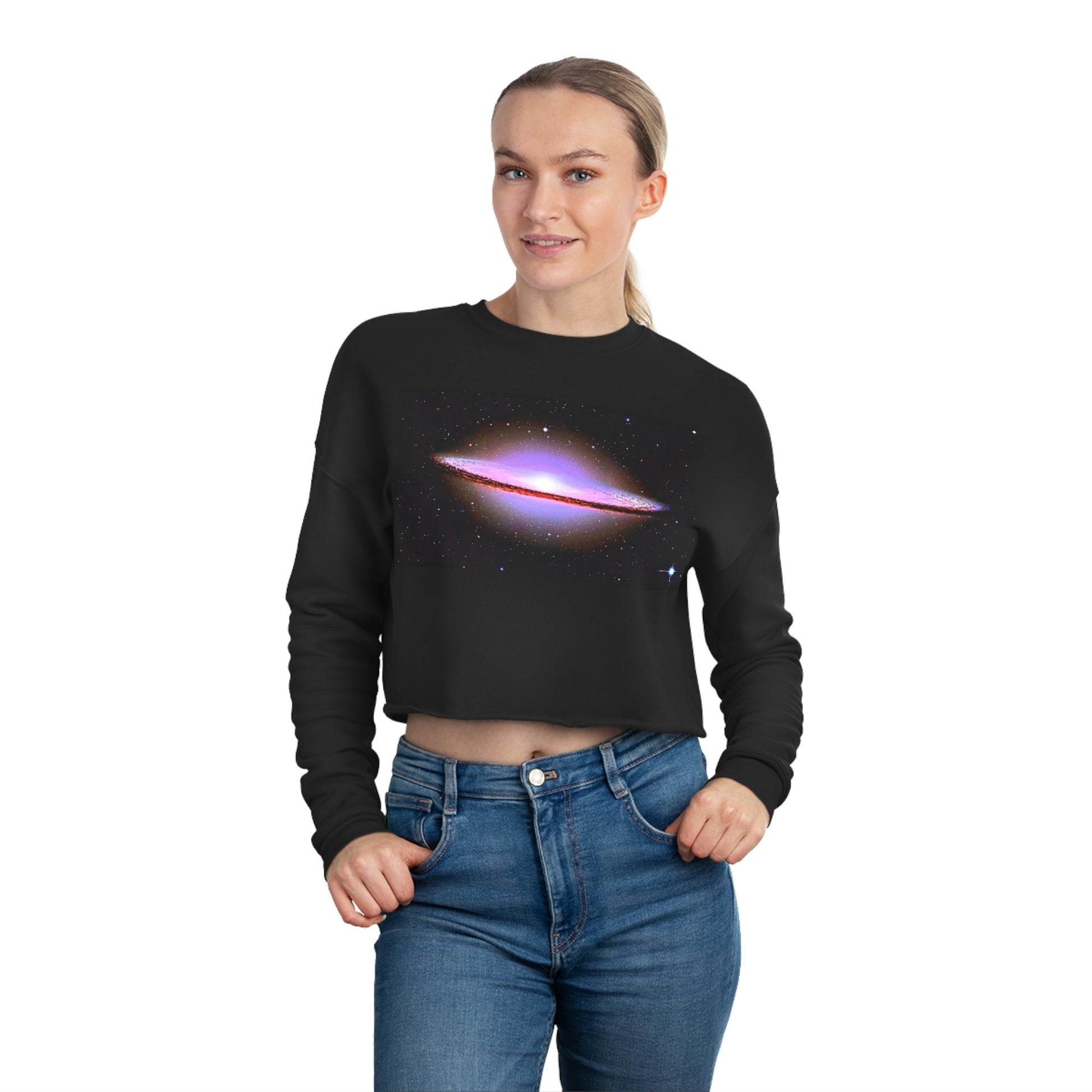 Relaxed Smooth Fleece - Bella+Canva 7503 - Women's Cropped Sweatshirt - Hubble Telescope El Sombrero Galaxy - US Made - Green Forest Home