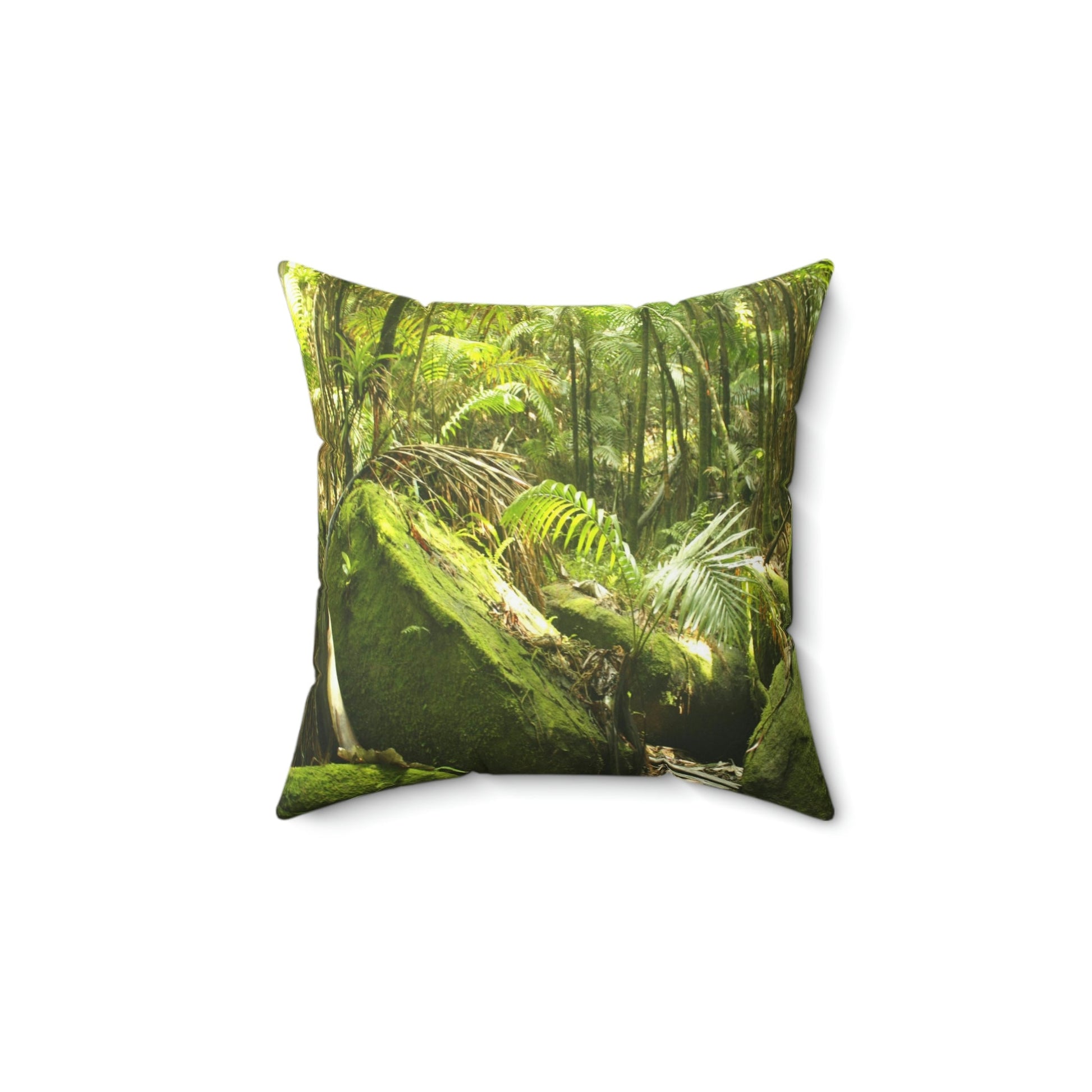 Spun Polyester Square Pillow - Related to the Holy Spirit River explorations or Tradewinds trail - El Yunque PR - Green Forest Home