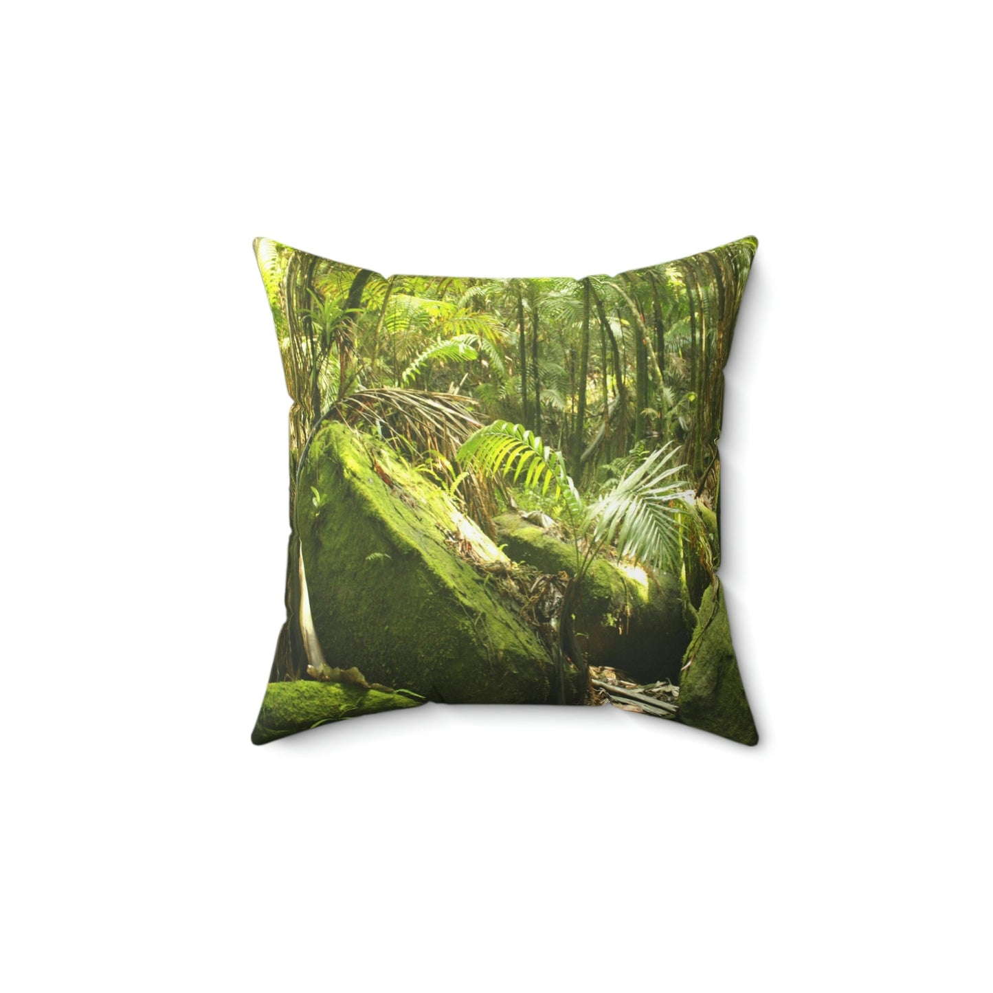 Spun Polyester Square Pillow - Related to the Holy Spirit River explorations or Tradewinds trail - El Yunque PR - Green Forest Home