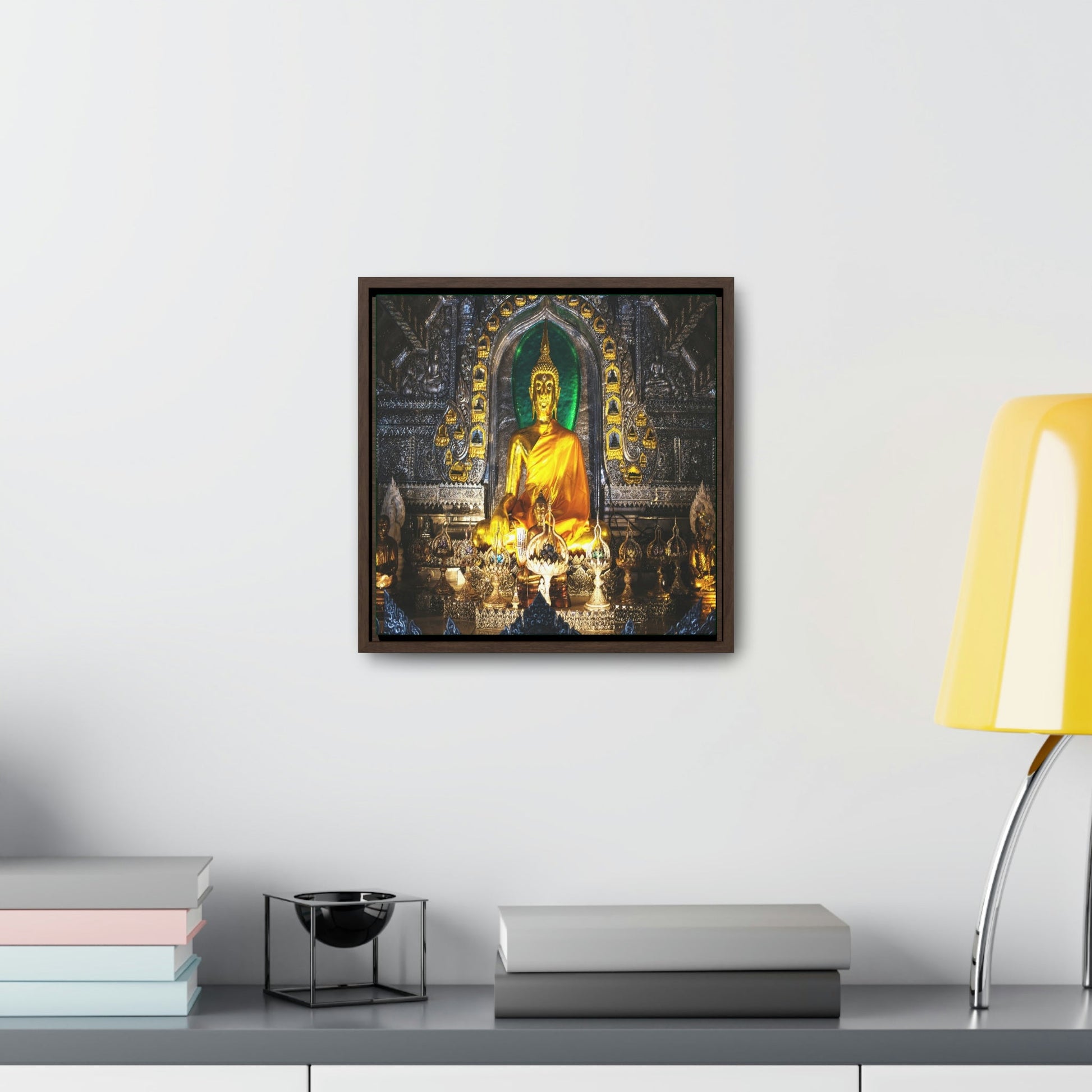 Square Framed Premium Canvas - Buddha altar in Lanna temple Thailand - Buddhism - Green Forest Home