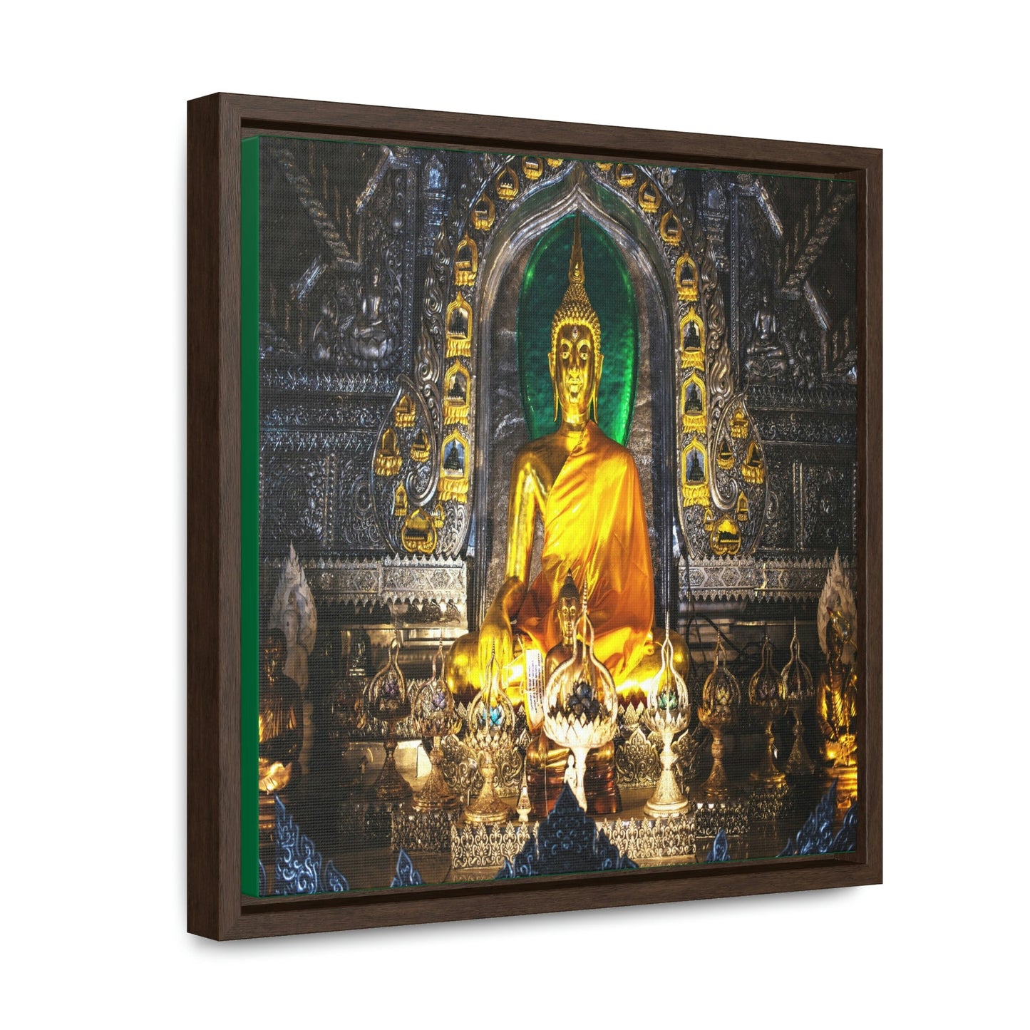 Square Framed Premium Canvas - Buddha altar in Lanna temple Thailand - Buddhism - Green Forest Home