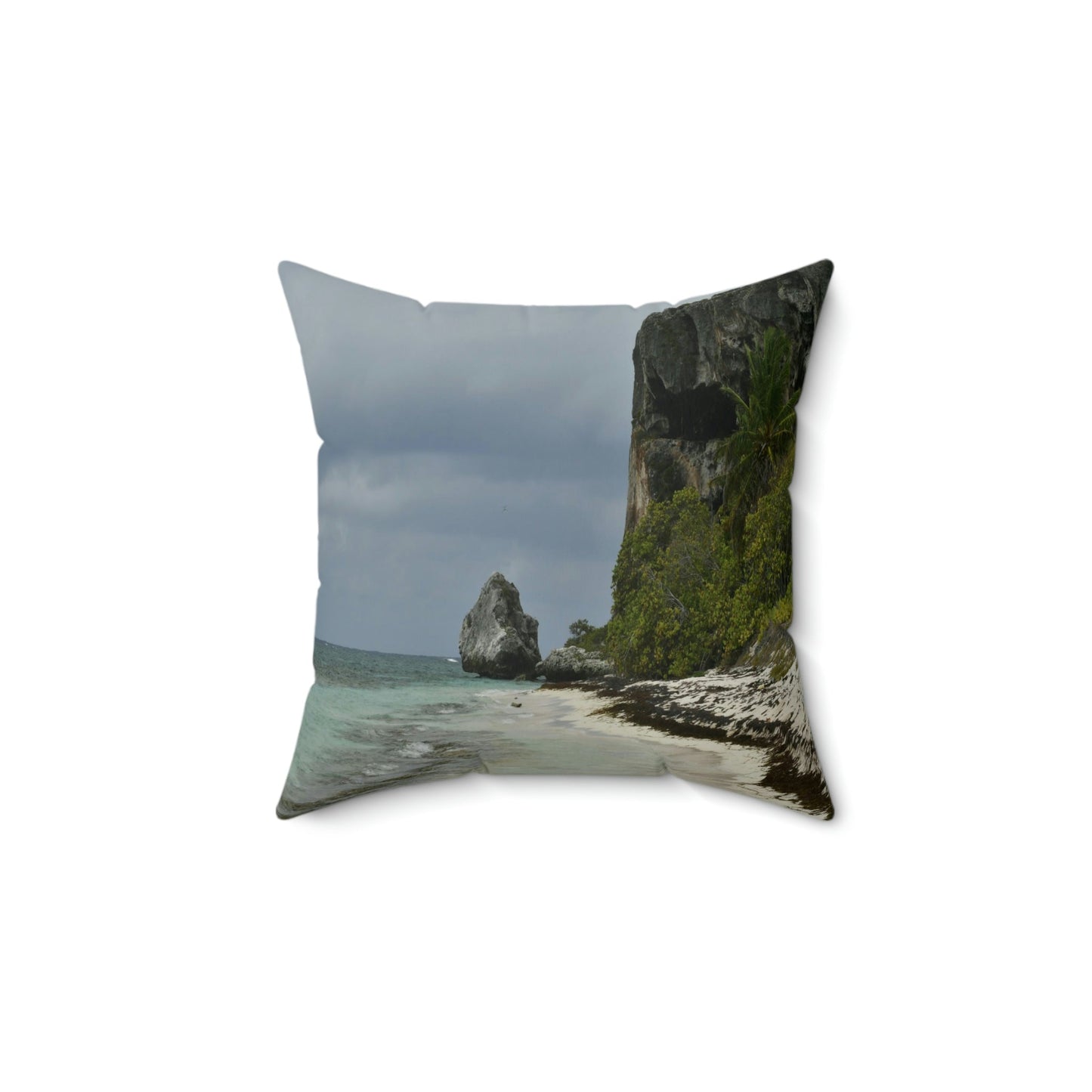 SUPER Spun Polyester Square Pillow - Remote & Pristine Mona Island near Puerto Rico - Edge of pajaros beach with caves - US MADE - Green Forest Home