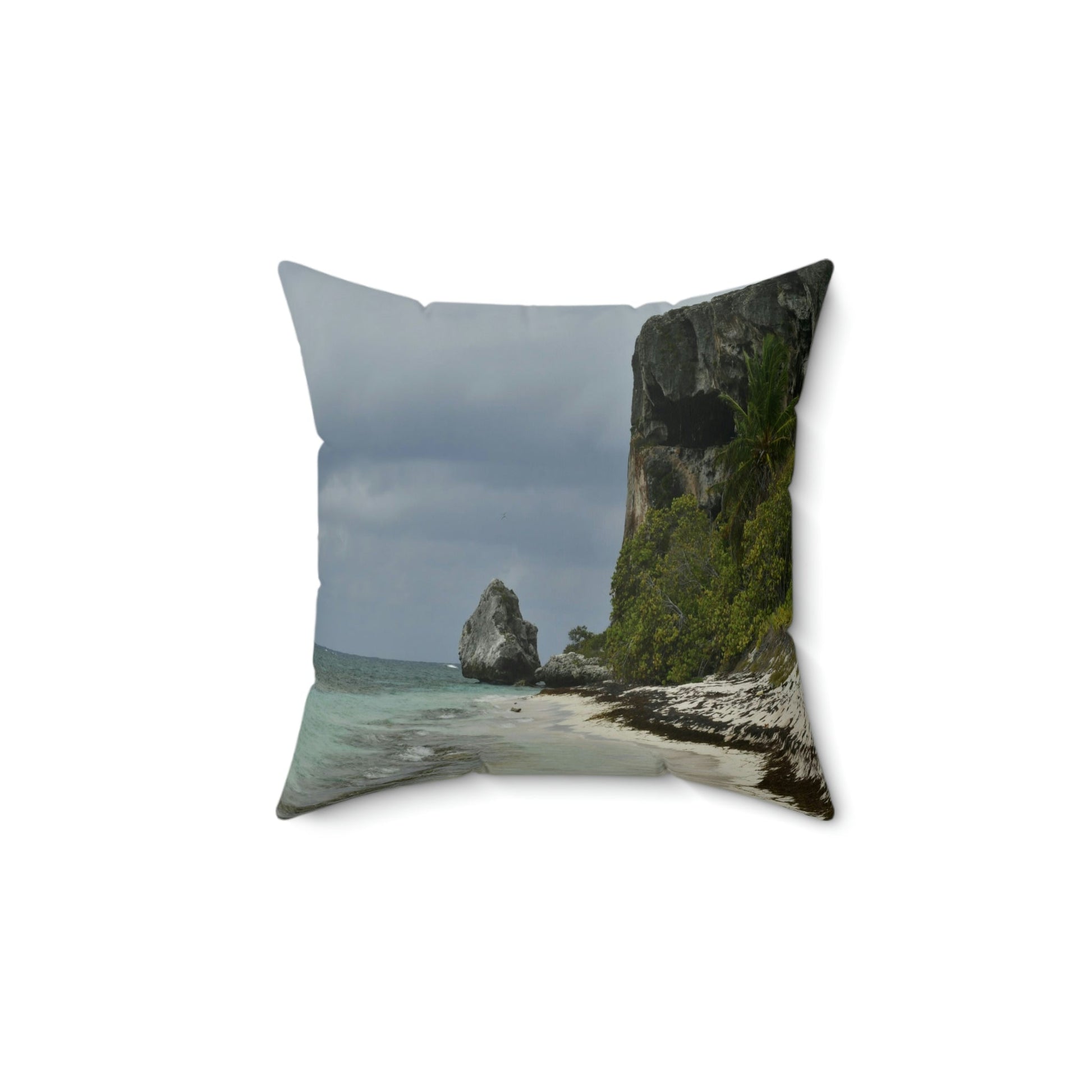 SUPER Spun Polyester Square Pillow - Remote & Pristine Mona Island near Puerto Rico - Edge of pajaros beach with caves - US MADE - Green Forest Home