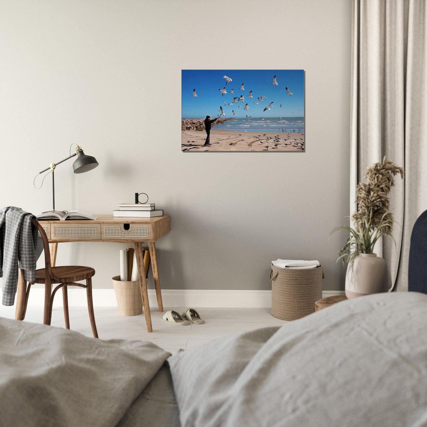 Thin Canvas - A teenager feeds flying seagulls. Texas Coast, Gulf of Mexico, USA - Green Forest Home