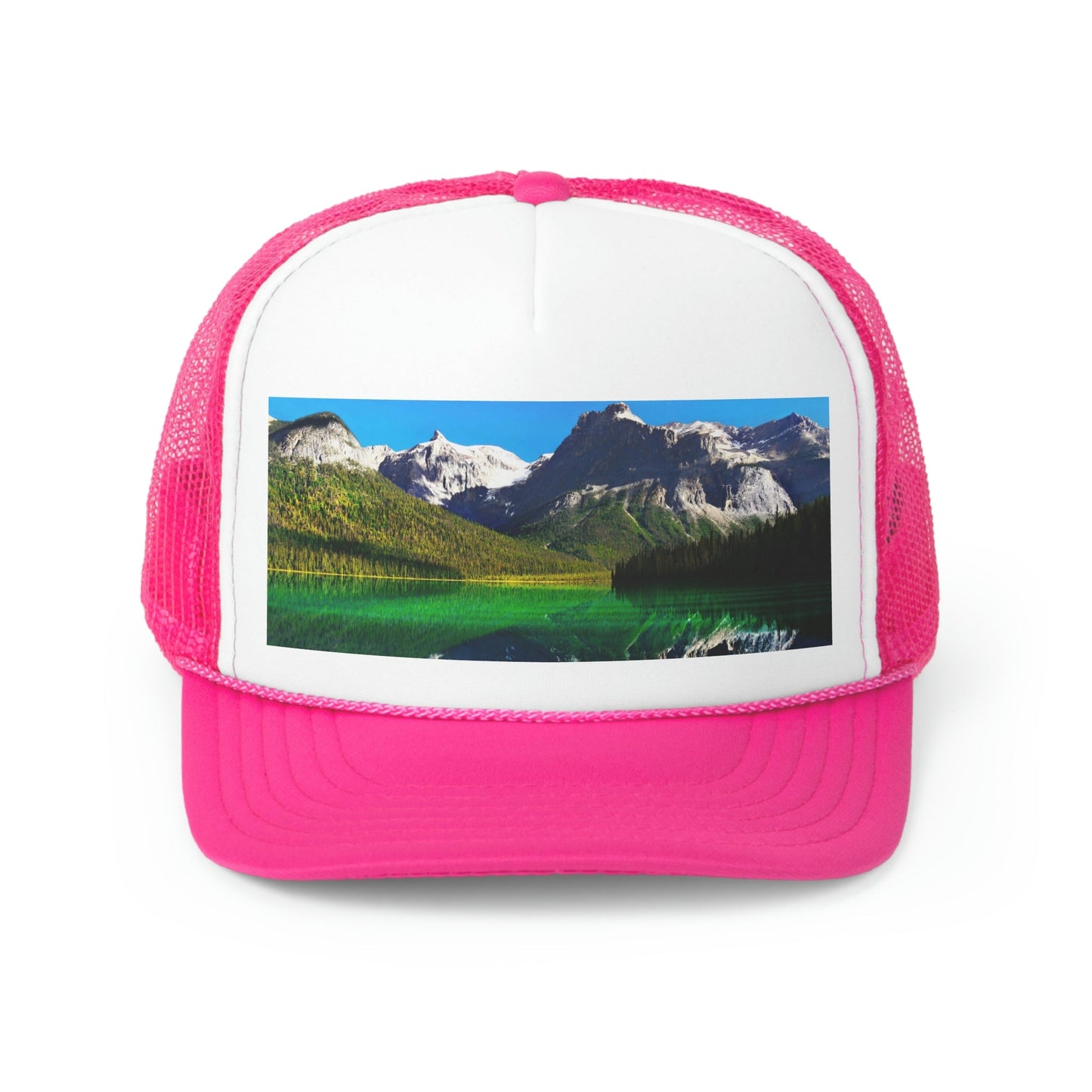 Trucker Caps - printed in Canada - British Columbia. Canada. Mountains and Emerald Lake in the Canadian Rockies - Green Forest Home