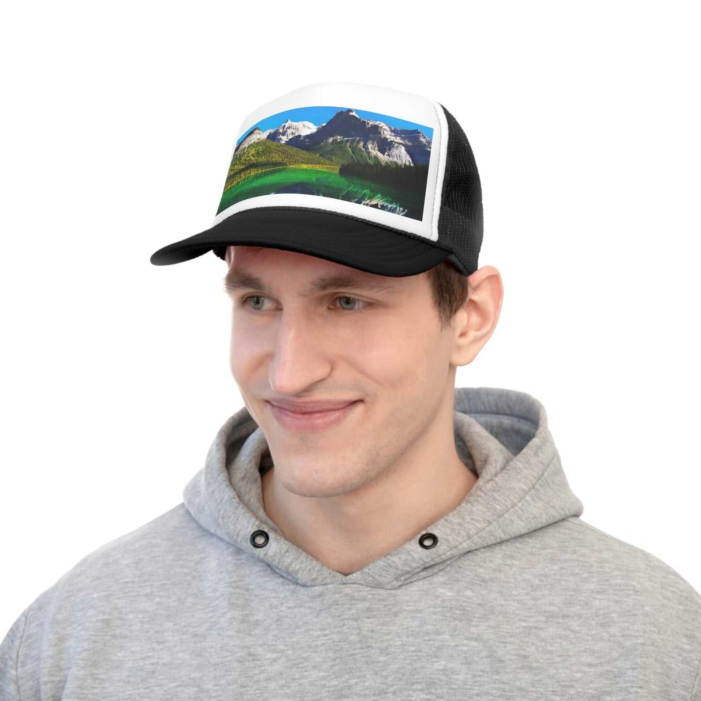 Trucker Caps - printed in Canada - British Columbia. Canada. Mountains and Emerald Lake in the Canadian Rockies - Green Forest Home