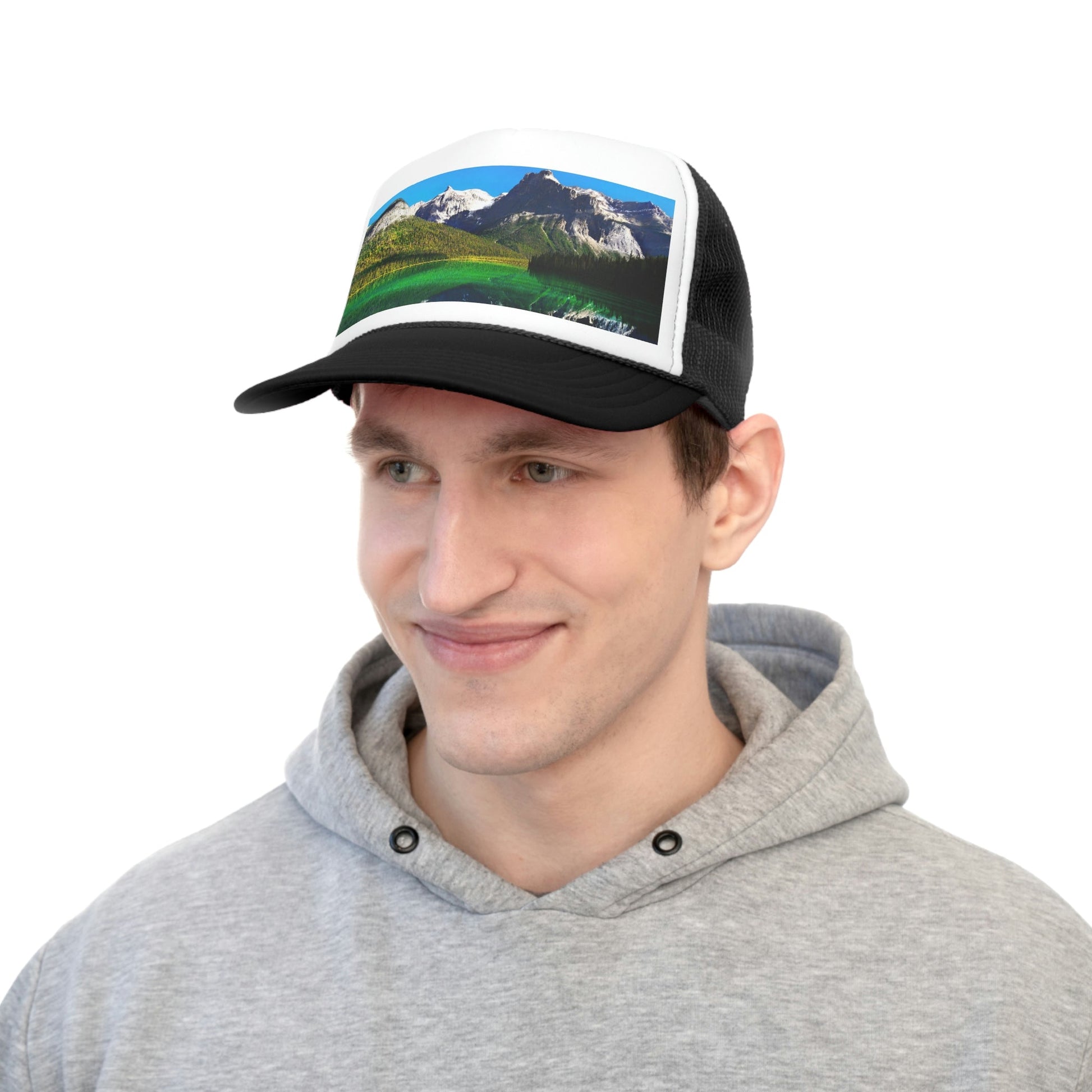 Trucker Caps - printed in Canada - British Columbia. Canada. Mountains and Emerald Lake in the Canadian Rockies - Green Forest Home