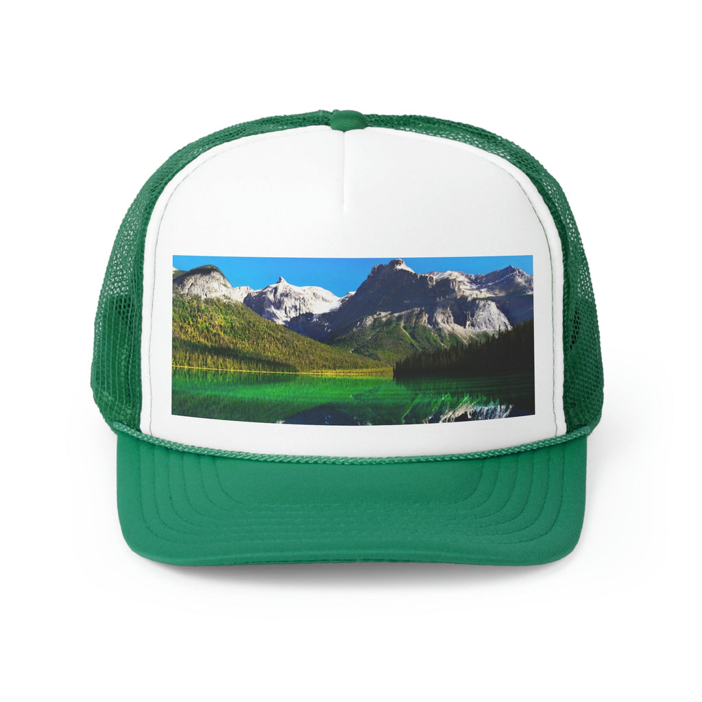 Trucker Caps - printed in Canada - British Columbia. Canada. Mountains and Emerald Lake in the Canadian Rockies - Green Forest Home