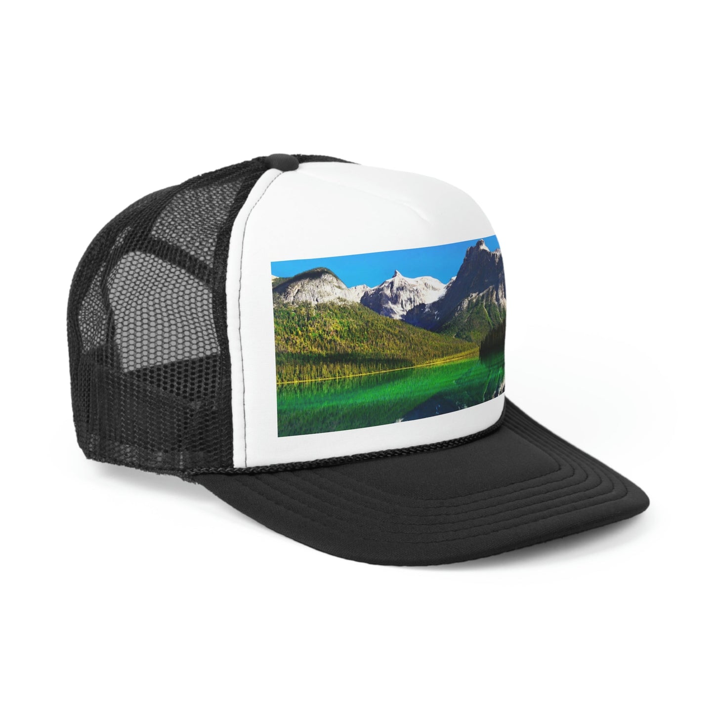 Trucker Caps - printed in Canada - British Columbia. Canada. Mountains and Emerald Lake in the Canadian Rockies - Green Forest Home