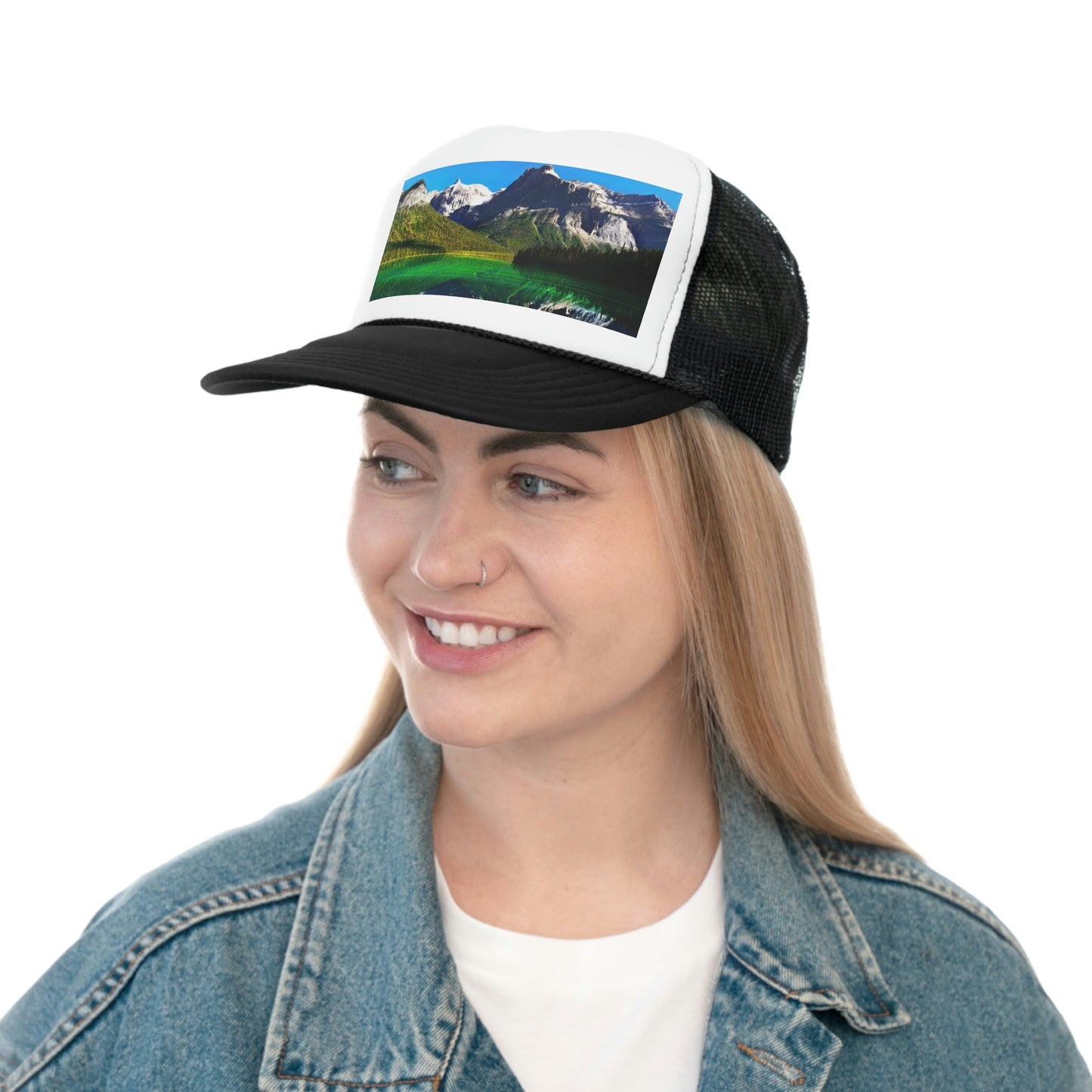 Trucker Caps - printed in Canada - British Columbia. Canada. Mountains and Emerald Lake in the Canadian Rockies - Green Forest Home