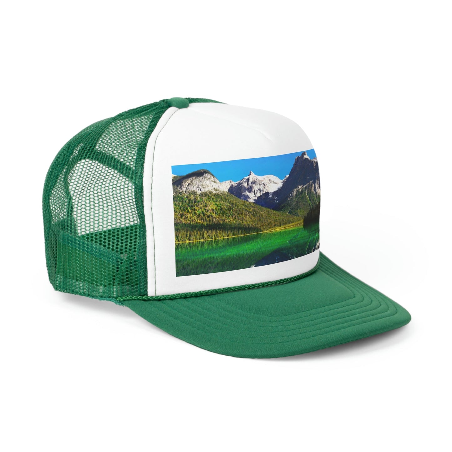 Trucker Caps - printed in Canada - British Columbia. Canada. Mountains and Emerald Lake in the Canadian Rockies - Green Forest Home