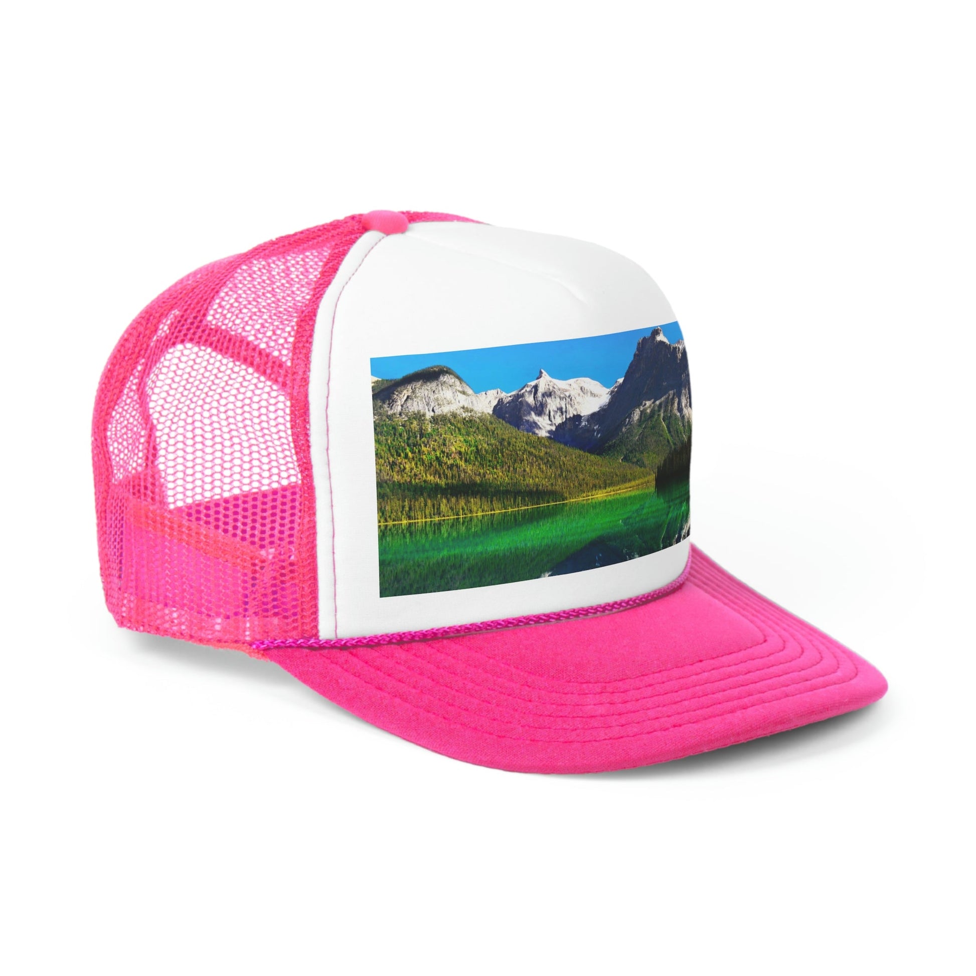 Trucker Caps - printed in Canada - British Columbia. Canada. Mountains and Emerald Lake in the Canadian Rockies - Green Forest Home