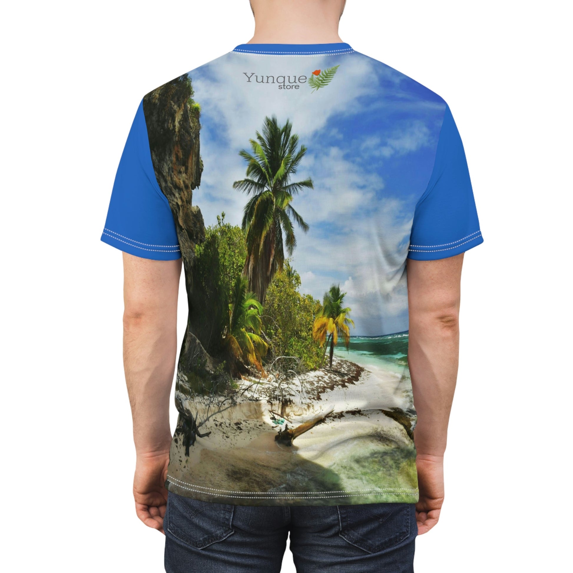 UNIQUE DEAL - BELLO PR UNISEX AOP Cut & Sew Tee - Awesome Pajaros Beach next to cave in Mona Island - Puerto Rico - Green Forest Home