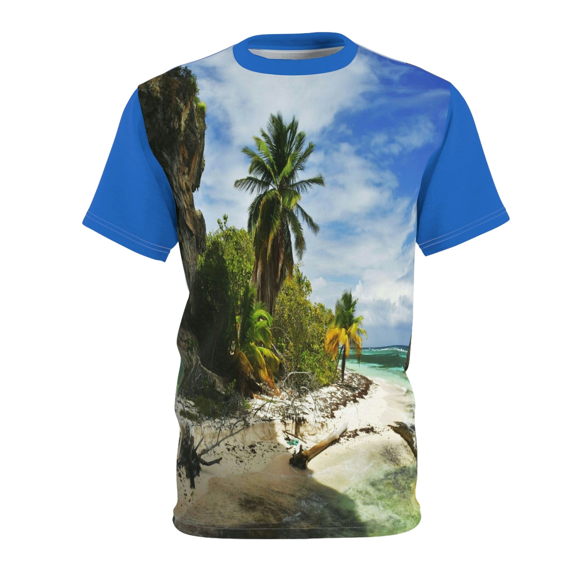 UNIQUE DEAL - BELLO PR UNISEX AOP Cut & Sew Tee - Awesome Pajaros Beach next to cave in Mona Island - Puerto Rico - Green Forest Home