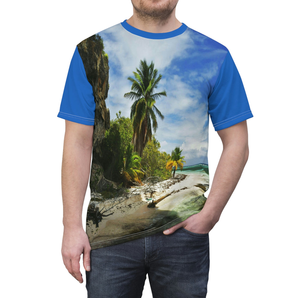 UNIQUE DEAL - BELLO PR UNISEX AOP Cut & Sew Tee - Awesome Pajaros Beach next to cave in Mona Island - Puerto Rico - Green Forest Home