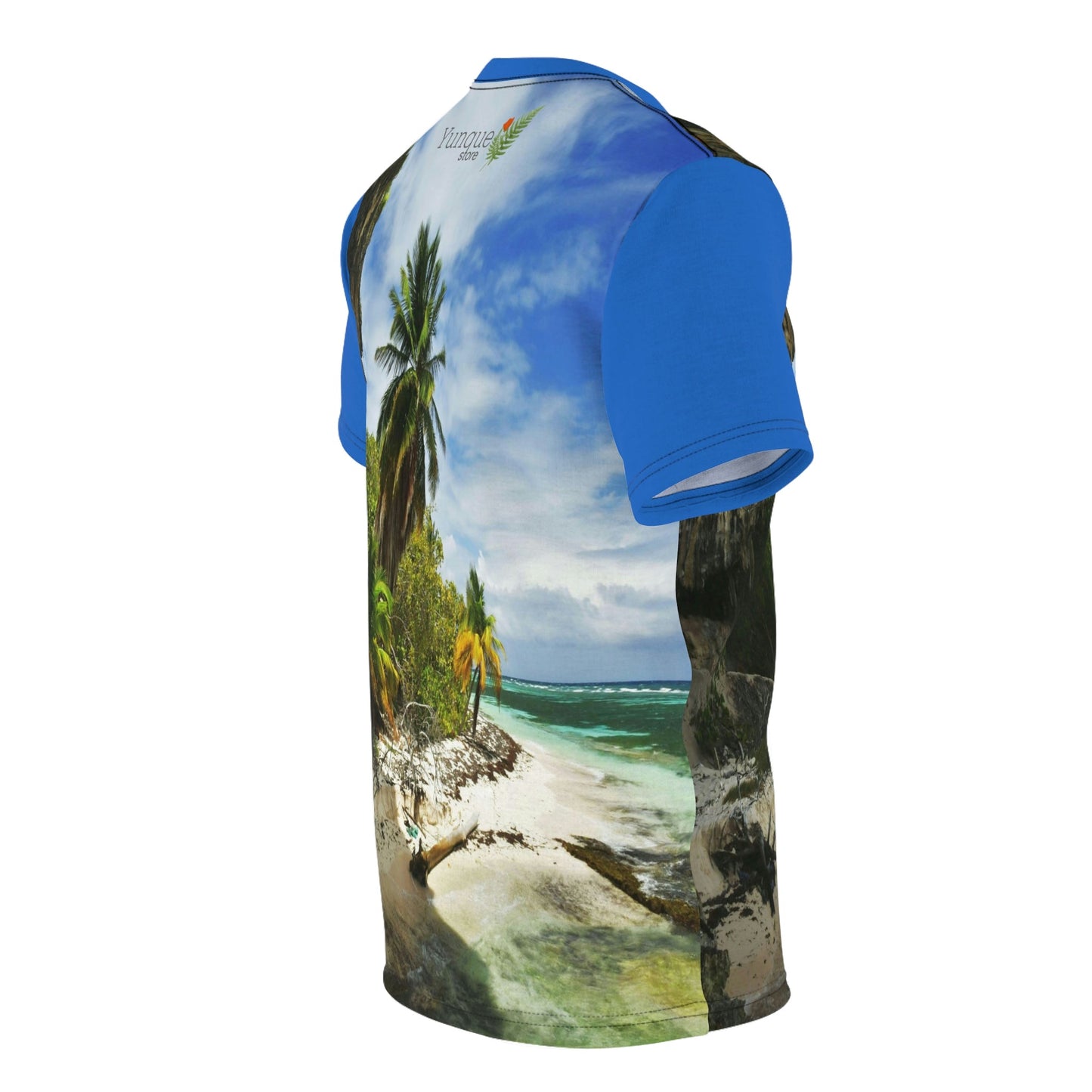 UNIQUE DEAL - BELLO PR UNISEX AOP Cut & Sew Tee - Awesome Pajaros Beach next to cave in Mona Island - Puerto Rico - Green Forest Home