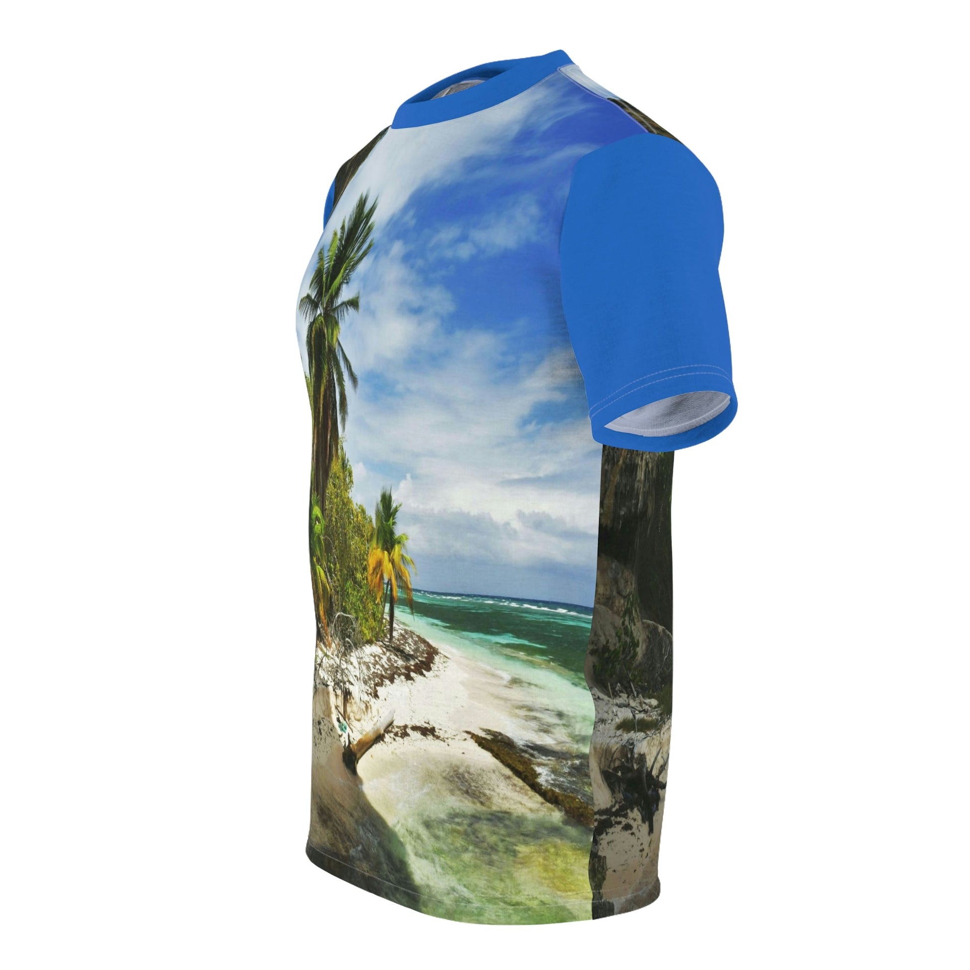 UNIQUE DEAL - BELLO PR UNISEX AOP Cut & Sew Tee - Awesome Pajaros Beach next to cave in Mona Island - Puerto Rico - Green Forest Home