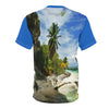 UNIQUE DEAL - BELLO PR UNISEX AOP Cut & Sew Tee - Awesome Pajaros Beach next to cave in Mona Island - Puerto Rico - Green Forest Home