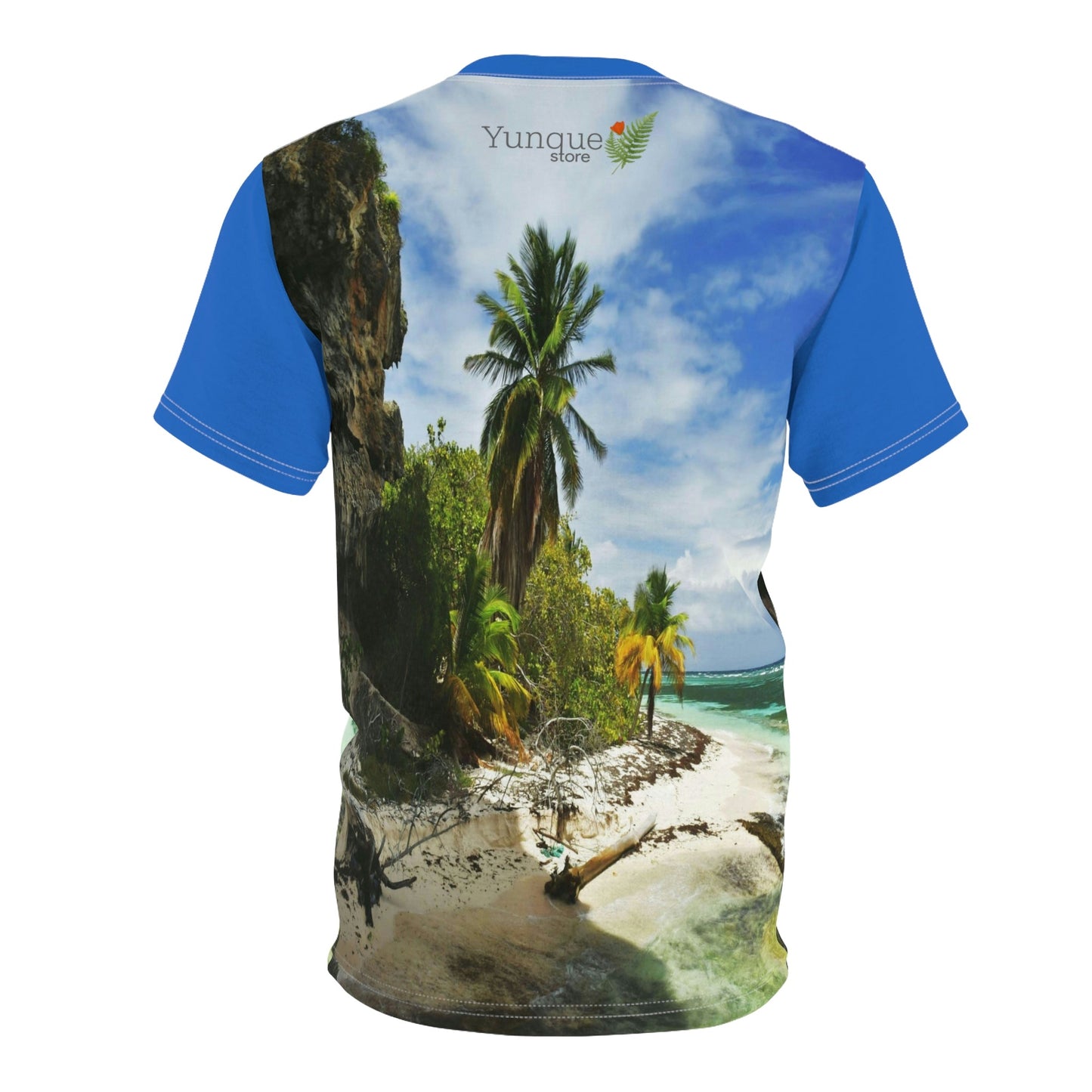 UNIQUE DEAL - BELLO PR UNISEX AOP Cut & Sew Tee - Awesome Pajaros Beach next to cave in Mona Island - Puerto Rico - Green Forest Home