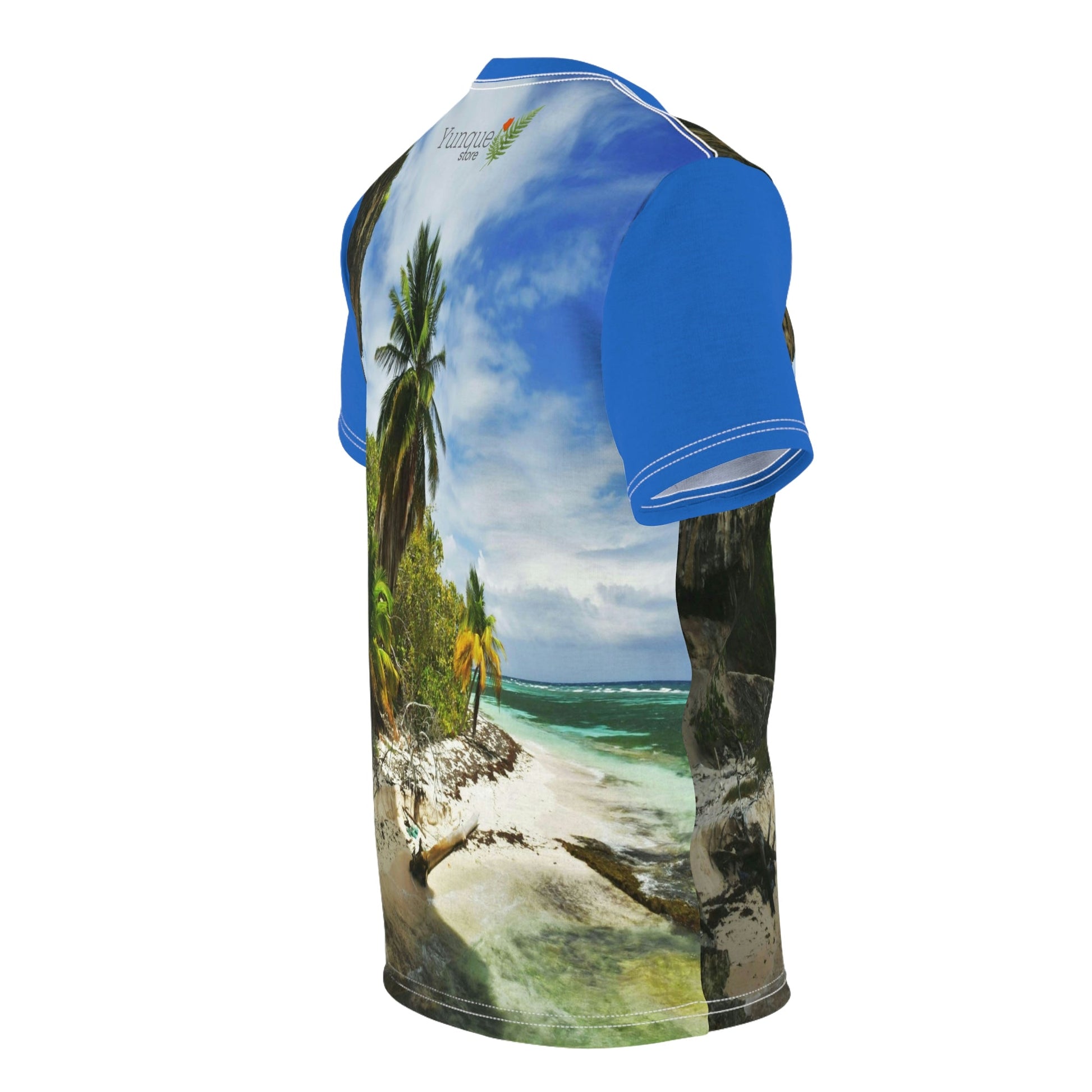 UNIQUE DEAL - BELLO PR UNISEX AOP Cut & Sew Tee - Awesome Pajaros Beach next to cave in Mona Island - Puerto Rico - Green Forest Home