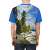 UNIQUE DEAL - BELLO PR UNISEX AOP Cut & Sew Tee - Awesome Pajaros Beach next to cave in Mona Island - Puerto Rico - Green Forest Home