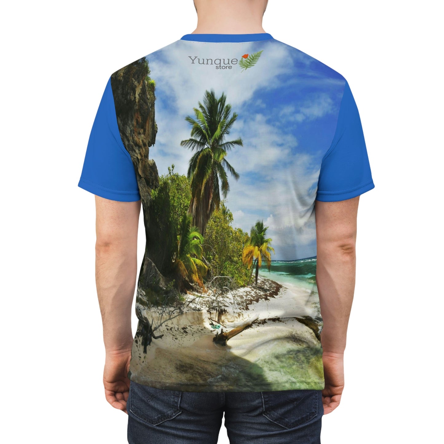 UNIQUE DEAL - BELLO PR UNISEX AOP Cut & Sew Tee - Awesome Pajaros Beach next to cave in Mona Island - Puerto Rico - Green Forest Home