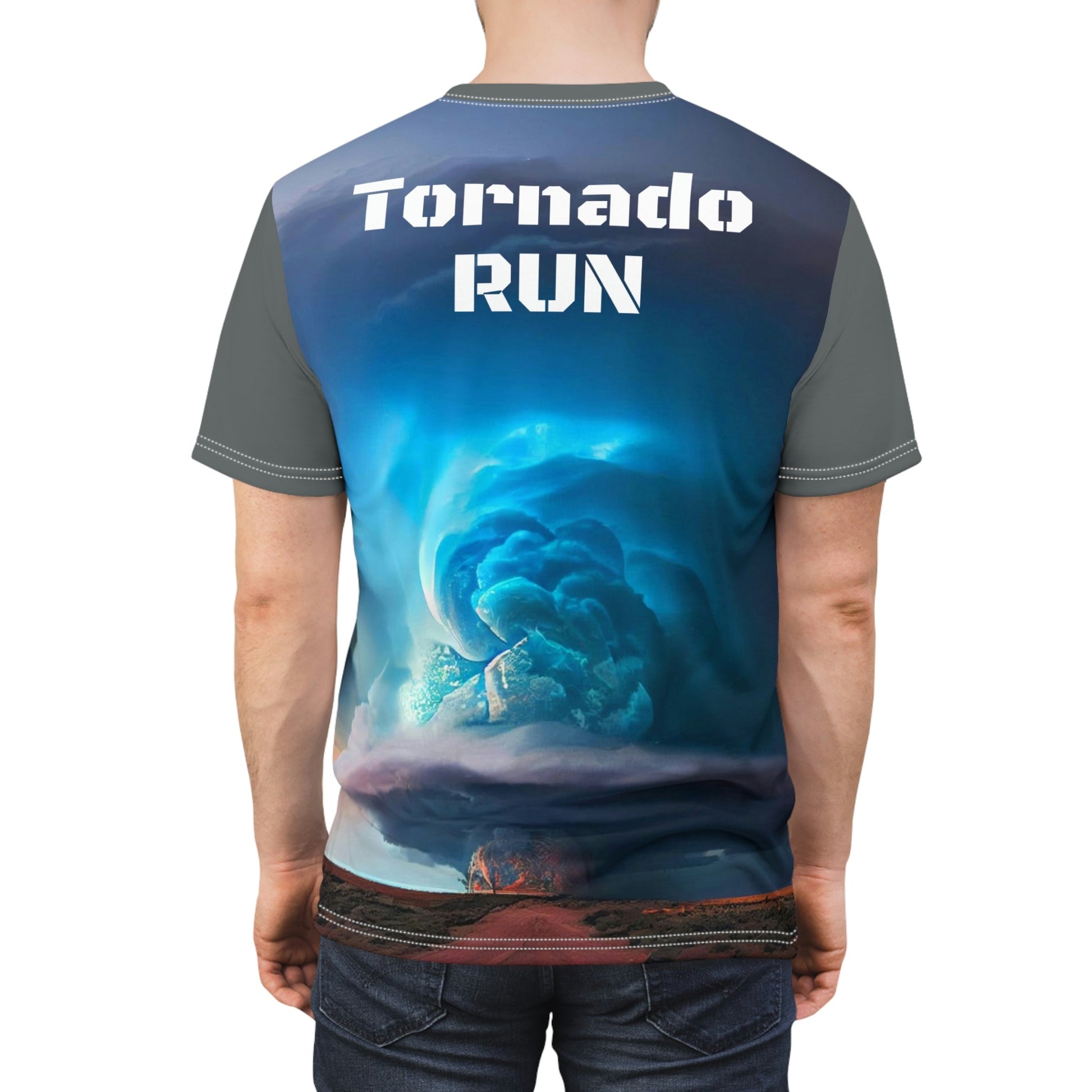 Unisex AOP Cut & Sew Tee - US Made All Over Print with Real Tornado Image - back Tornado Run! - Green Forest Home