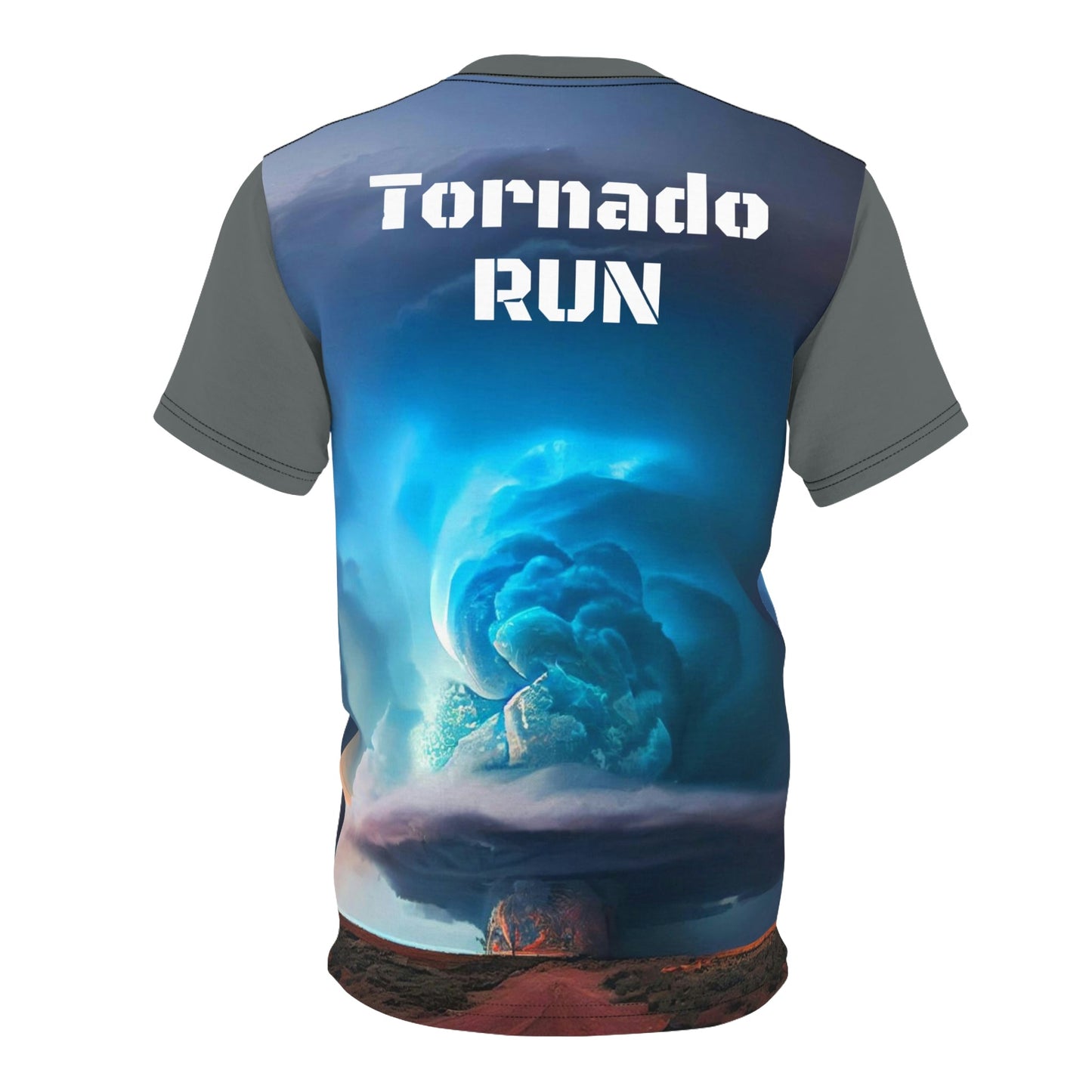 Unisex AOP Cut & Sew Tee - US Made All Over Print with Real Tornado Image - back Tornado Run! - Green Forest Home