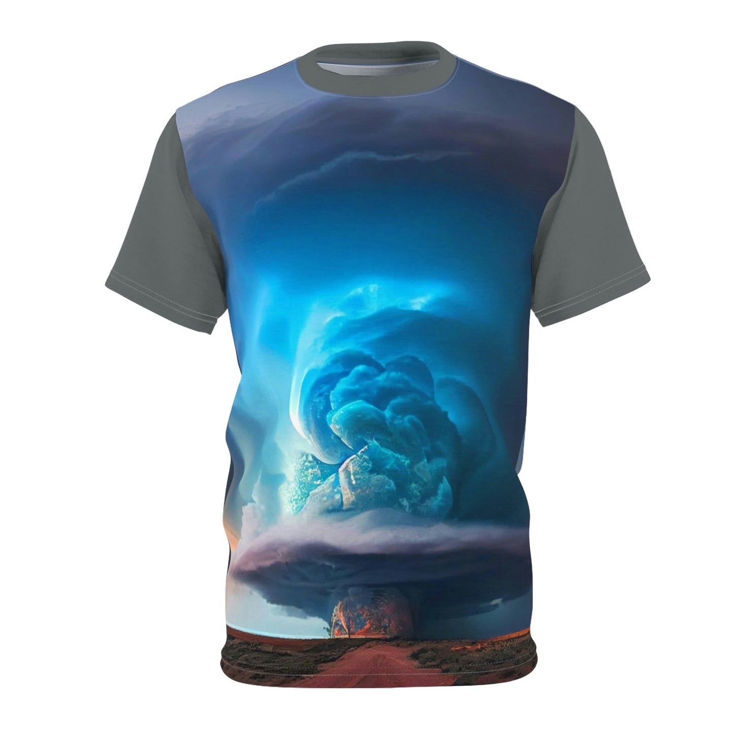 Unisex AOP Cut & Sew Tee - US Made All Over Print with Real Tornado Image - back Tornado Run! - Green Forest Home