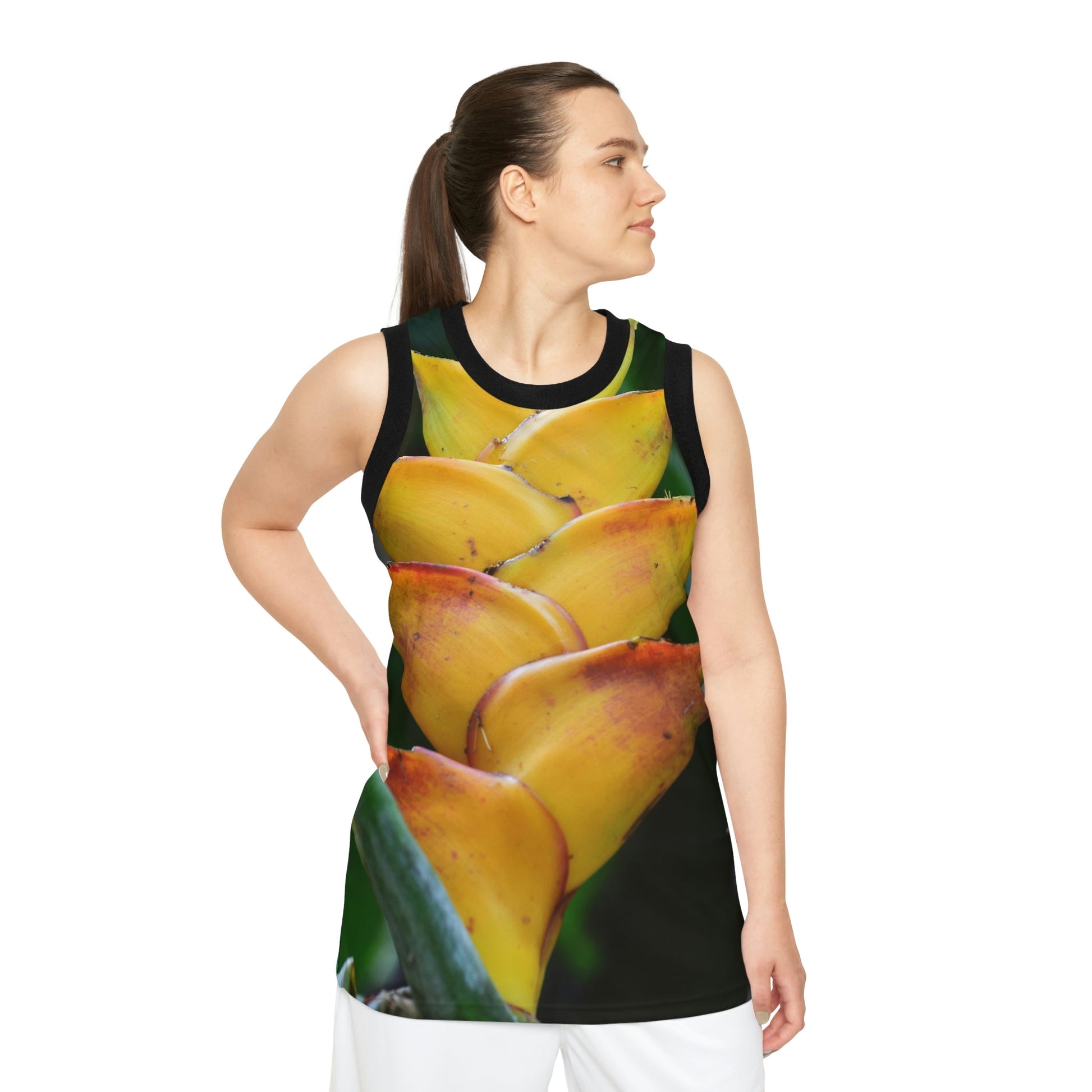 Unisex Basketball Jersey (AOP) - All Over Print - Tropical Heliconia flowers from El Yunque Rainforest Puerto Rico - Made in China - Green Forest Home