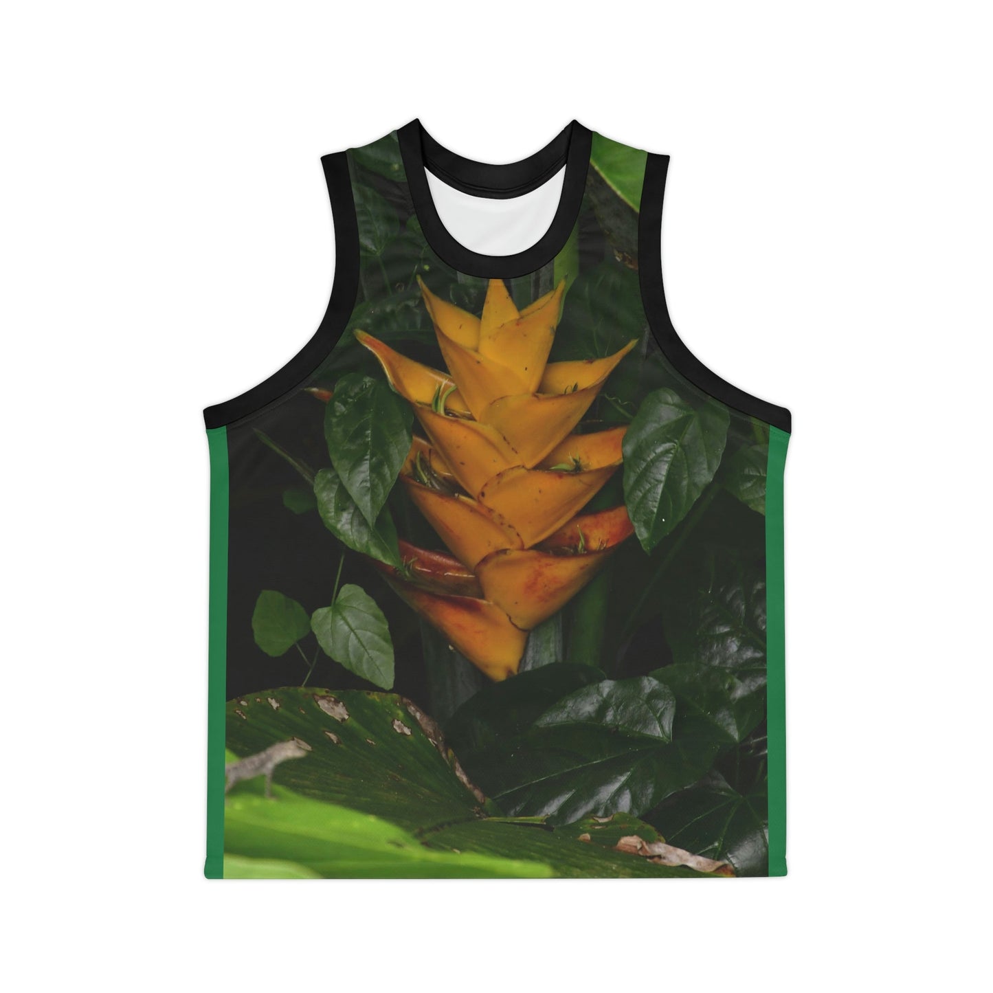 Unisex Basketball Jersey (AOP) - All Over Print - Tropical Heliconia flowers from El Yunque Rainforest Puerto Rico - Made in China - Green Forest Home