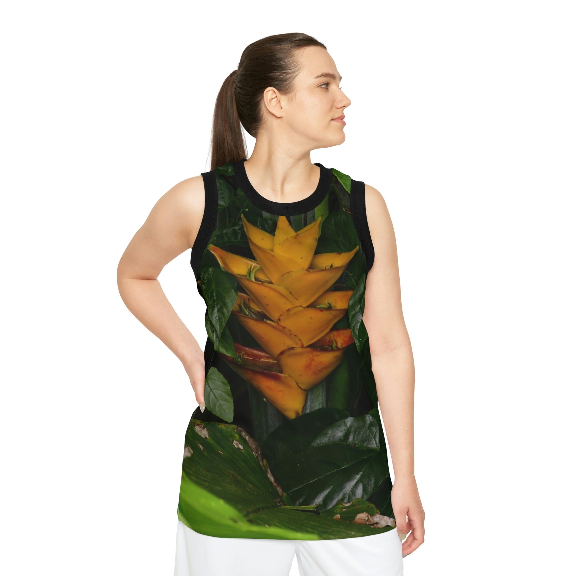 Unisex Basketball Jersey (AOP) - All Over Print - Tropical Heliconia flowers from El Yunque Rainforest Puerto Rico - Made in China - Green Forest Home