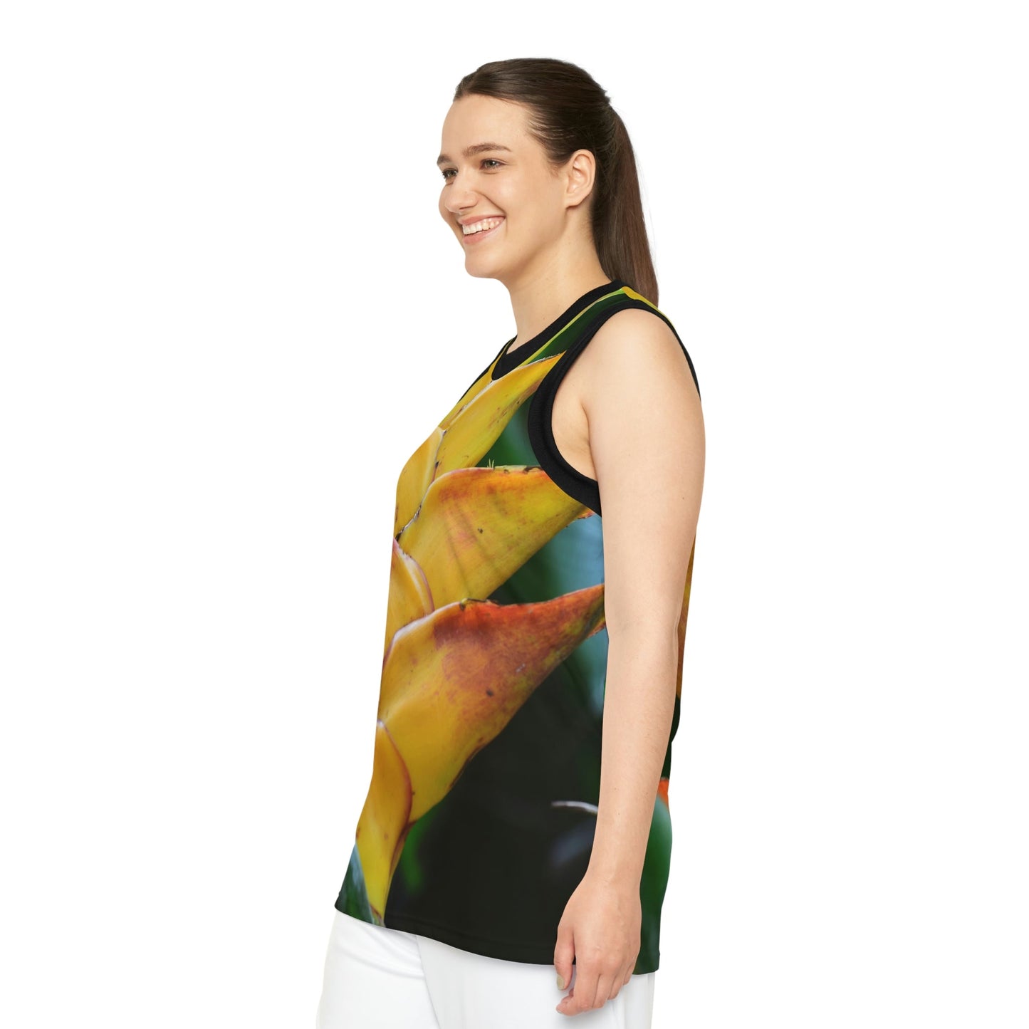 Unisex Basketball Jersey (AOP) - All Over Print - Tropical Heliconia flowers from El Yunque Rainforest Puerto Rico - Made in China - Green Forest Home