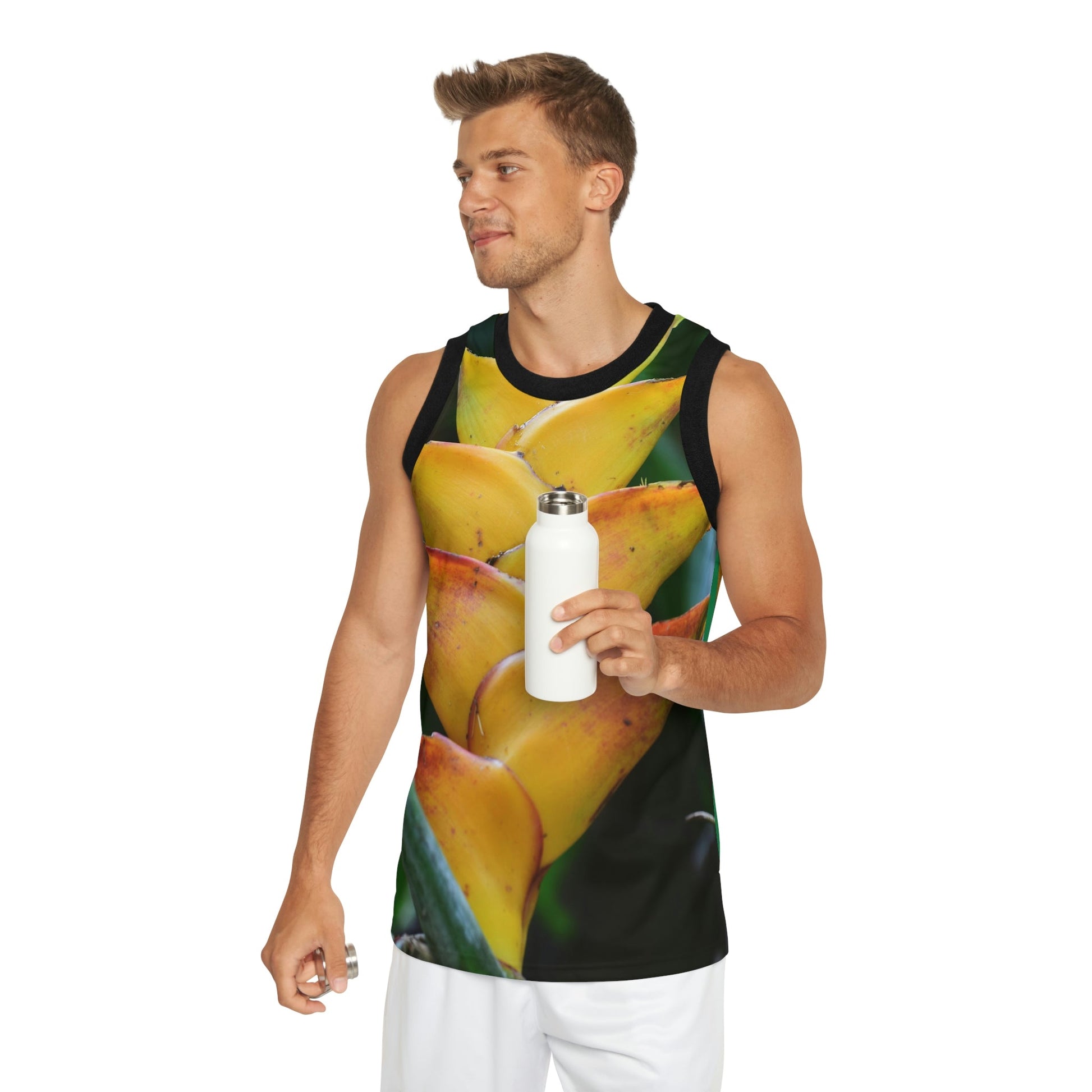 Unisex Basketball Jersey (AOP) - All Over Print - Tropical Heliconia flowers from El Yunque Rainforest Puerto Rico - Made in China - Green Forest Home