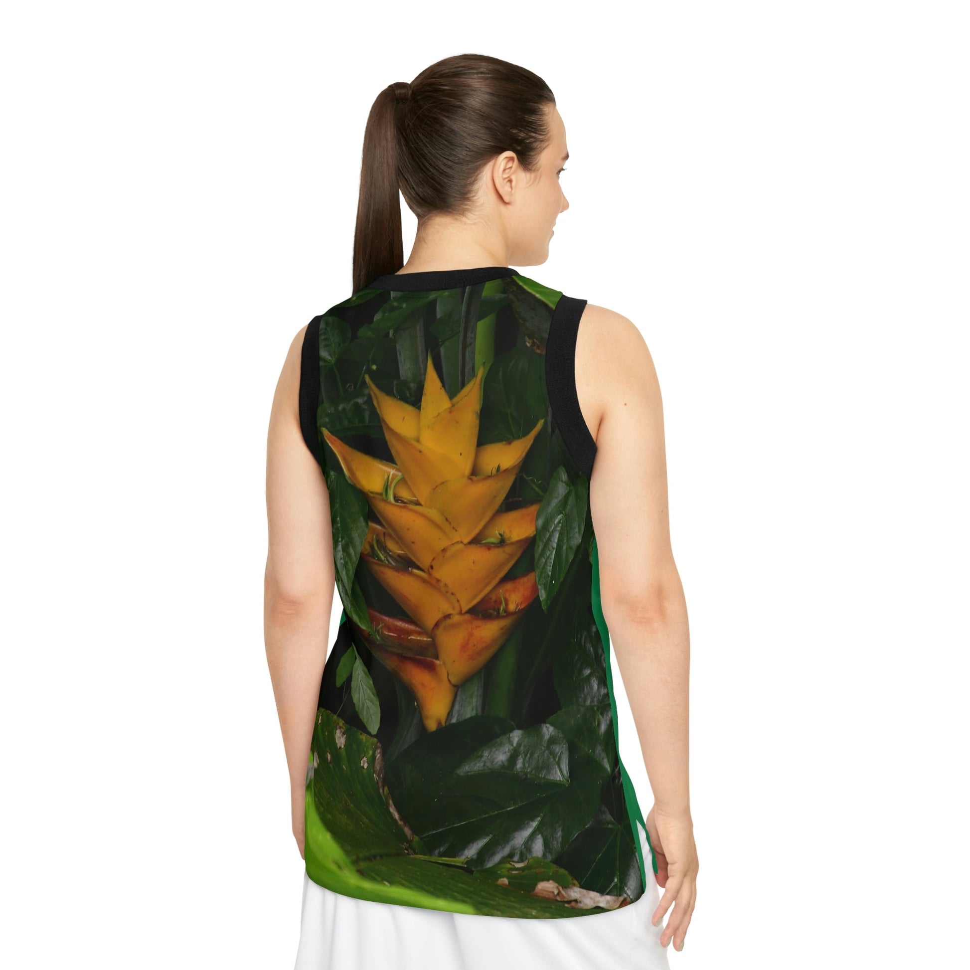 Unisex Basketball Jersey (AOP) - All Over Print - Tropical Heliconia flowers from El Yunque Rainforest Puerto Rico - Made in China - Green Forest Home