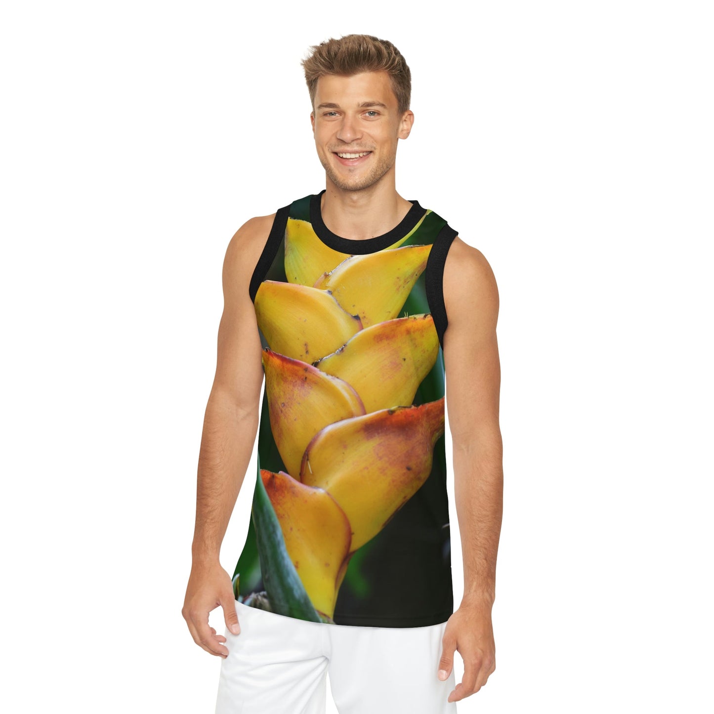 Unisex Basketball Jersey (AOP) - All Over Print - Tropical Heliconia flowers from El Yunque Rainforest Puerto Rico - Made in China - Green Forest Home