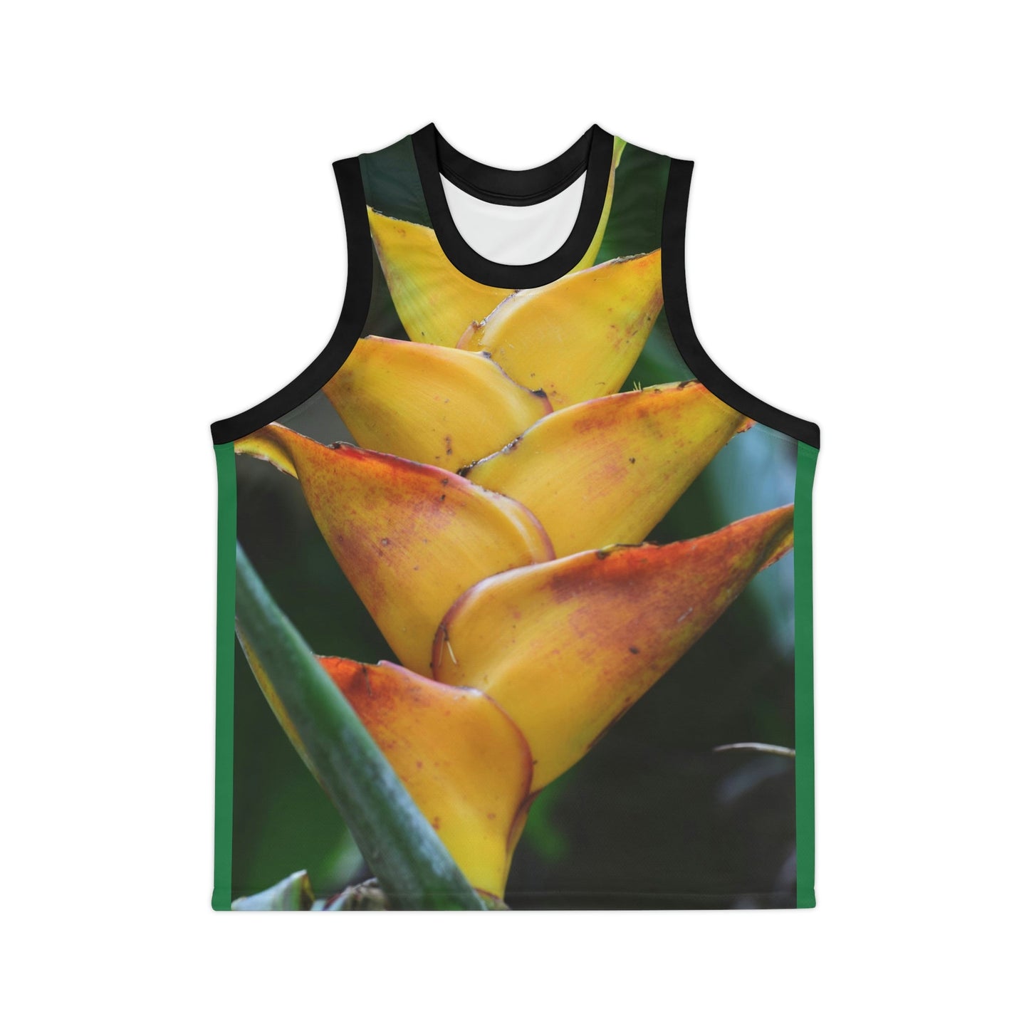 Unisex Basketball Jersey (AOP) - All Over Print - Tropical Heliconia flowers from El Yunque Rainforest Puerto Rico - Made in China - Green Forest Home