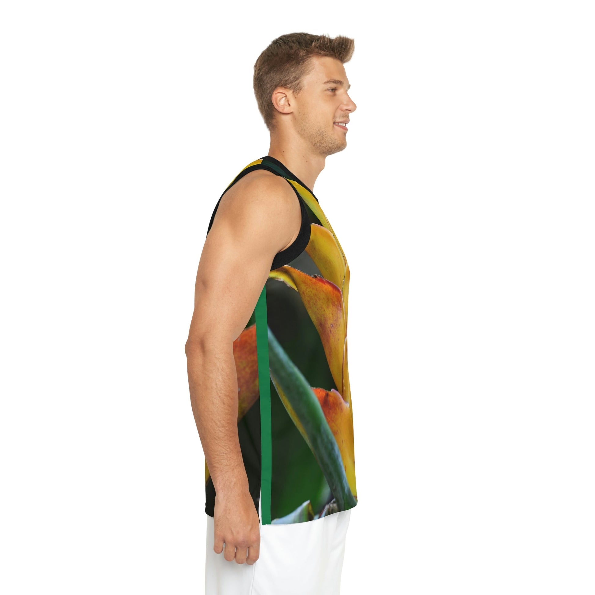 Unisex Basketball Jersey (AOP) - All Over Print - Tropical Heliconia flowers from El Yunque Rainforest Puerto Rico - Made in China - Green Forest Home